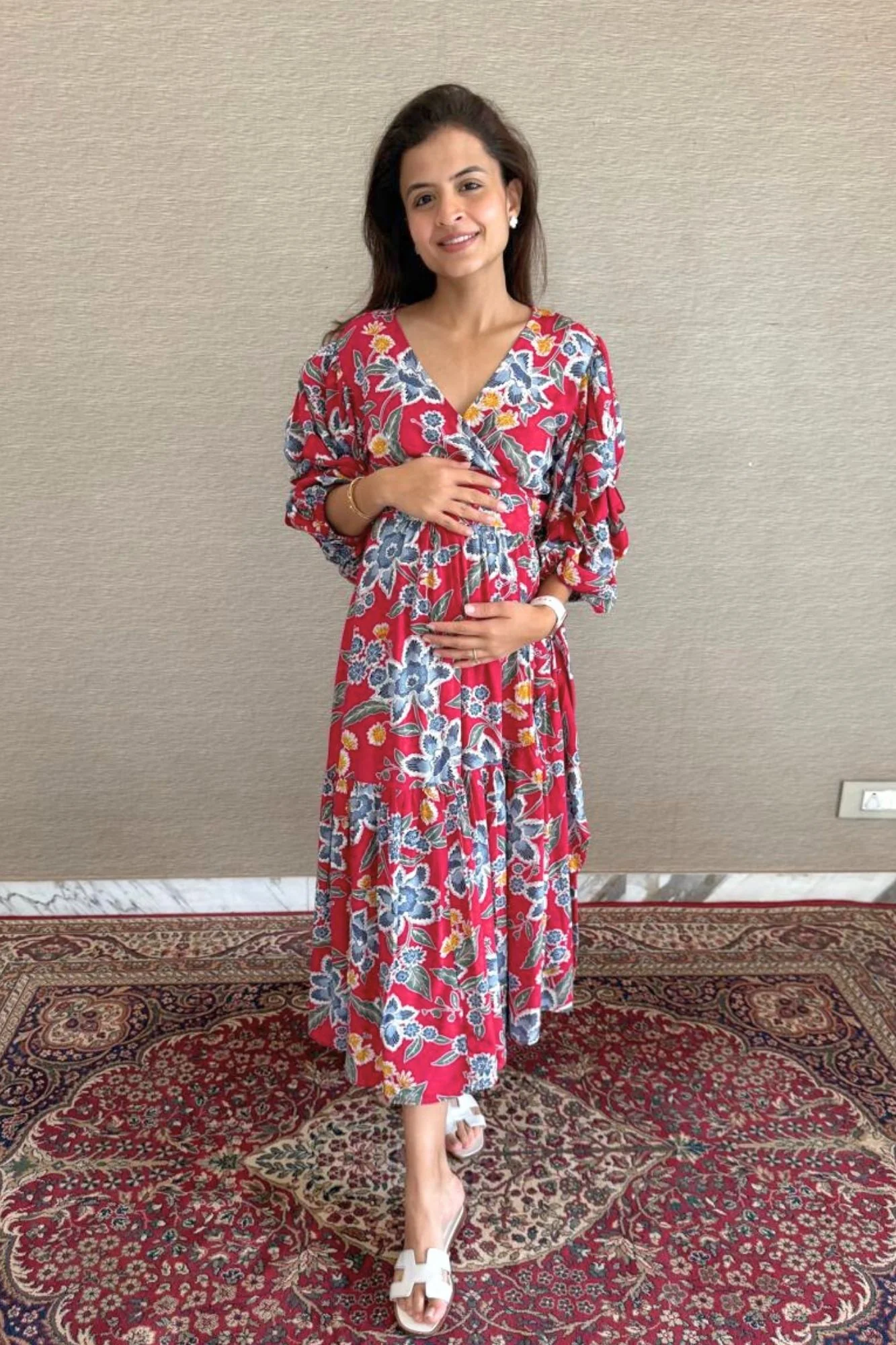 Pink Flower Pop Maternity & Nursing Frill Wrap Dress - Chenance