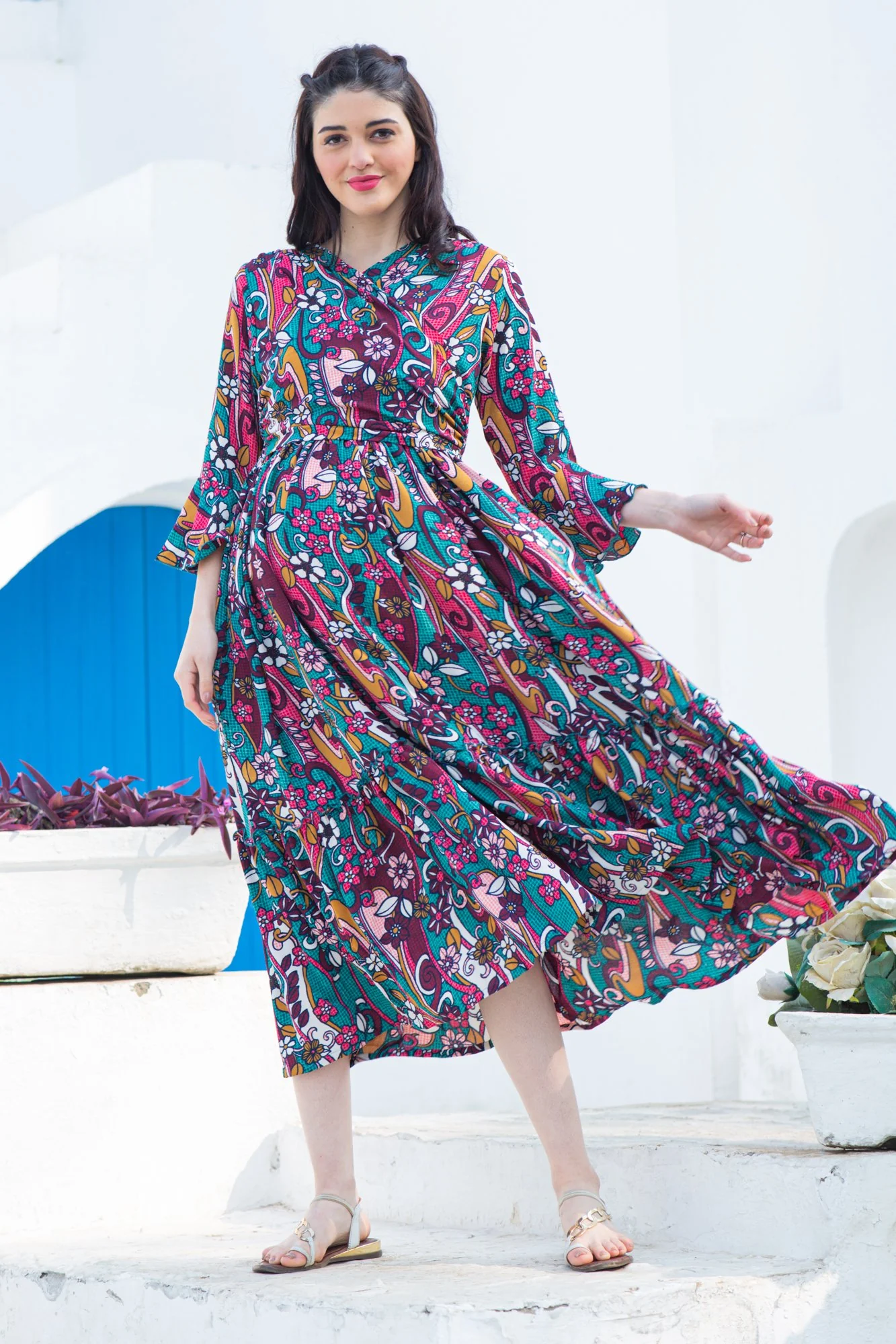 Boho Flower Frill Maternity & Nursing Midi Wrap Dress - Chenance