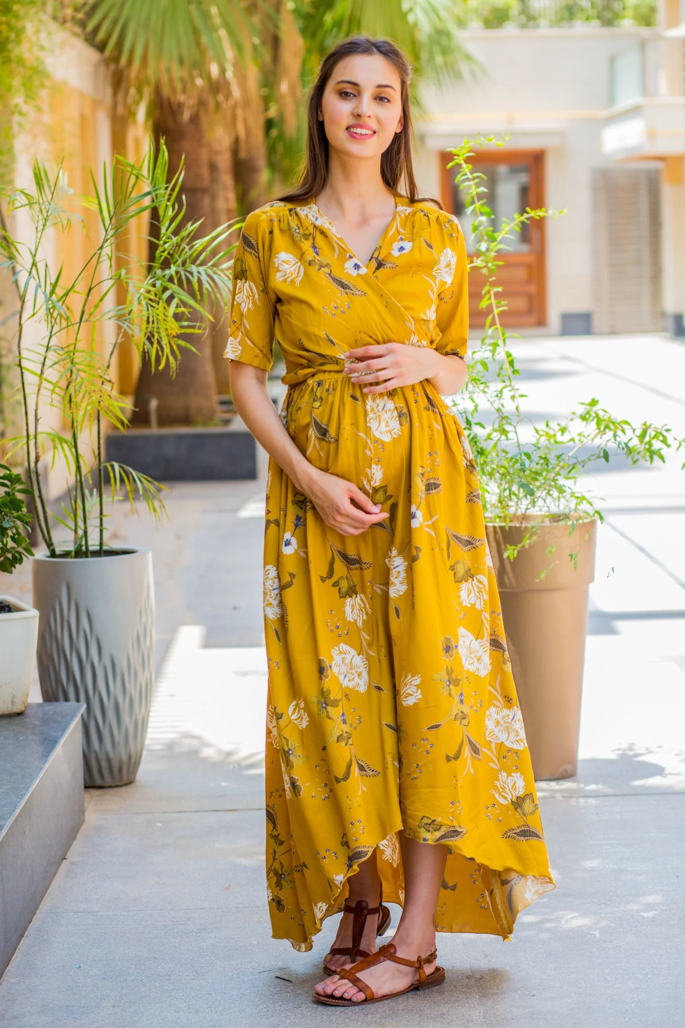 Mustard Blossom Hi-Low Maternity & Nursing Wrap Dress - Chenance