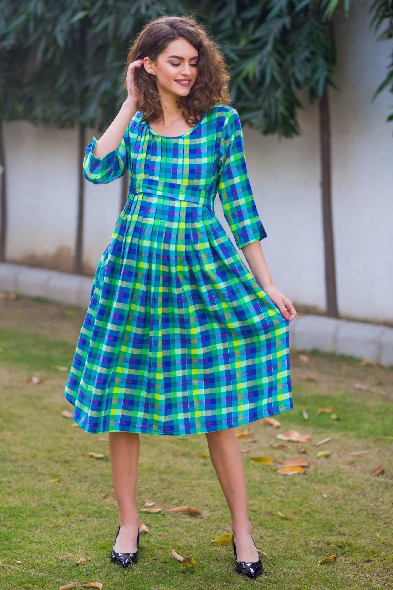Lime Splash Plaid Pintucks Nursing Dress - Chenance