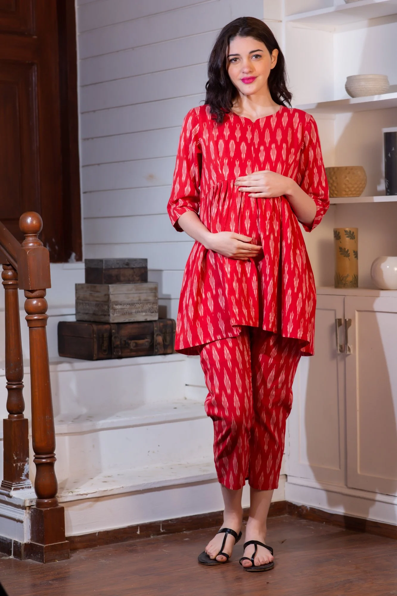Daisy Red Maternity & Nursing Night Suit Set - Chenance