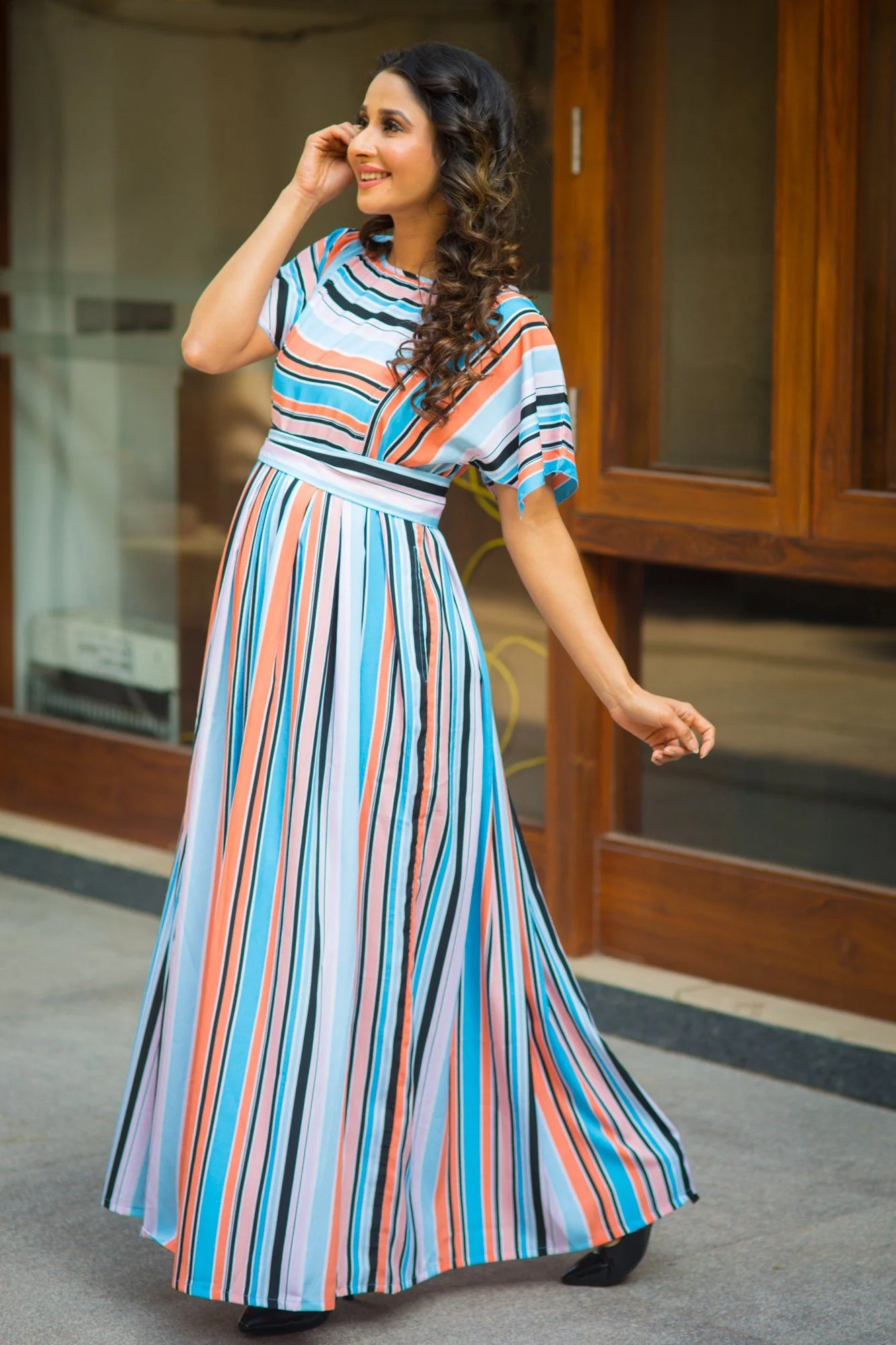 Multicolor Peach Cream Striped Nursing Crepe Dress - Chenance