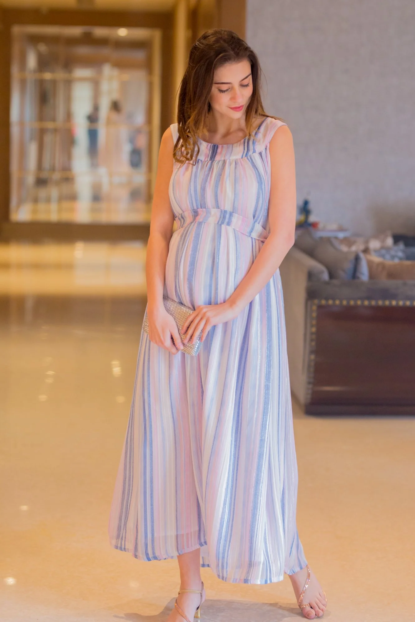 Striped Embellished Sleeveless Maternity Maxi Dress - Chenance