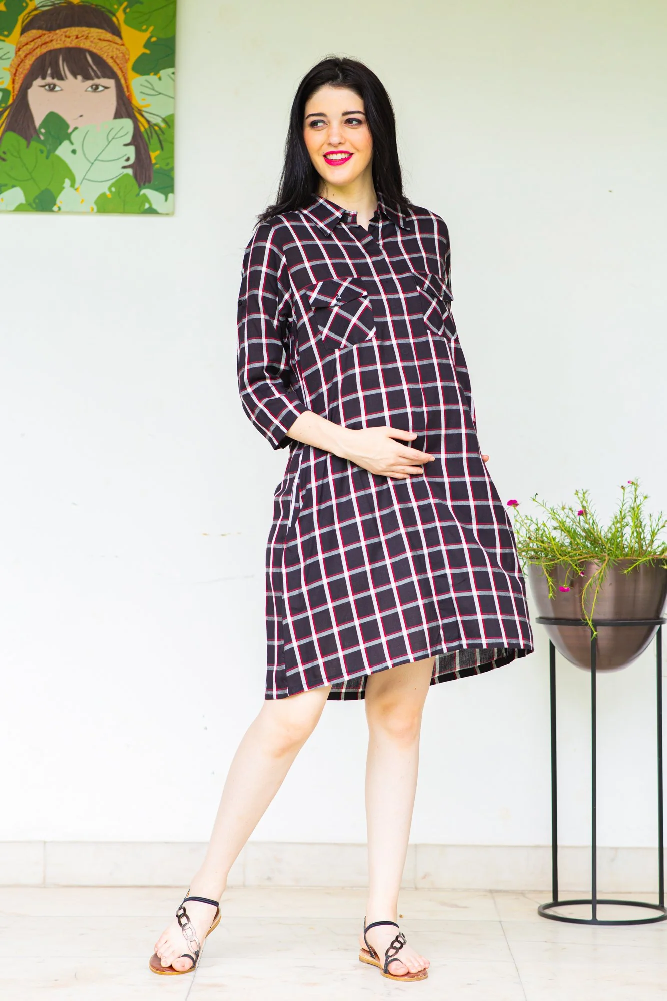 Chocolate Plaid Maternity & Nursing Shirt Dress - Chenance