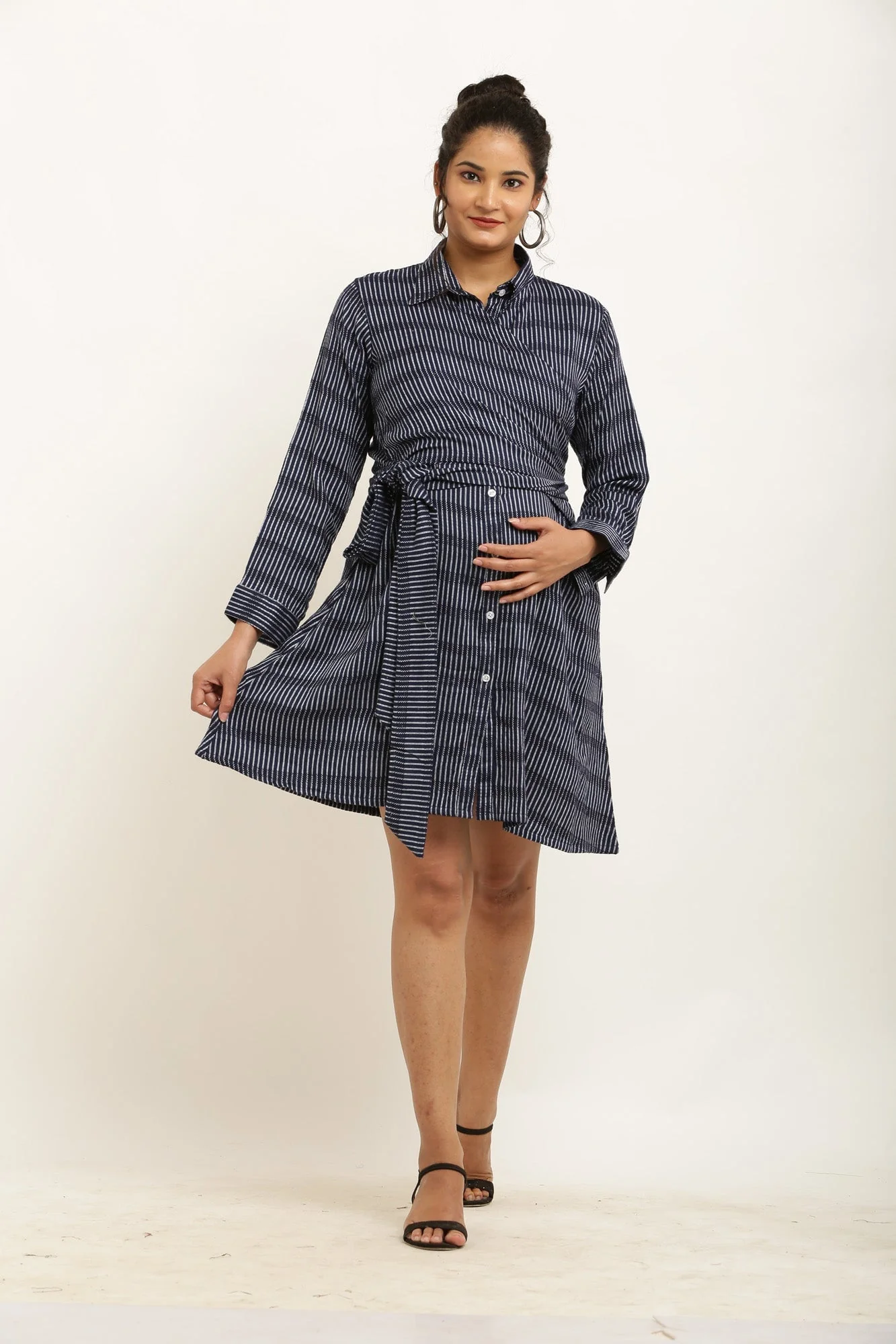 Charming Black & White Striped Maternity & Nursing Wrap Shirt Dress - Chenance