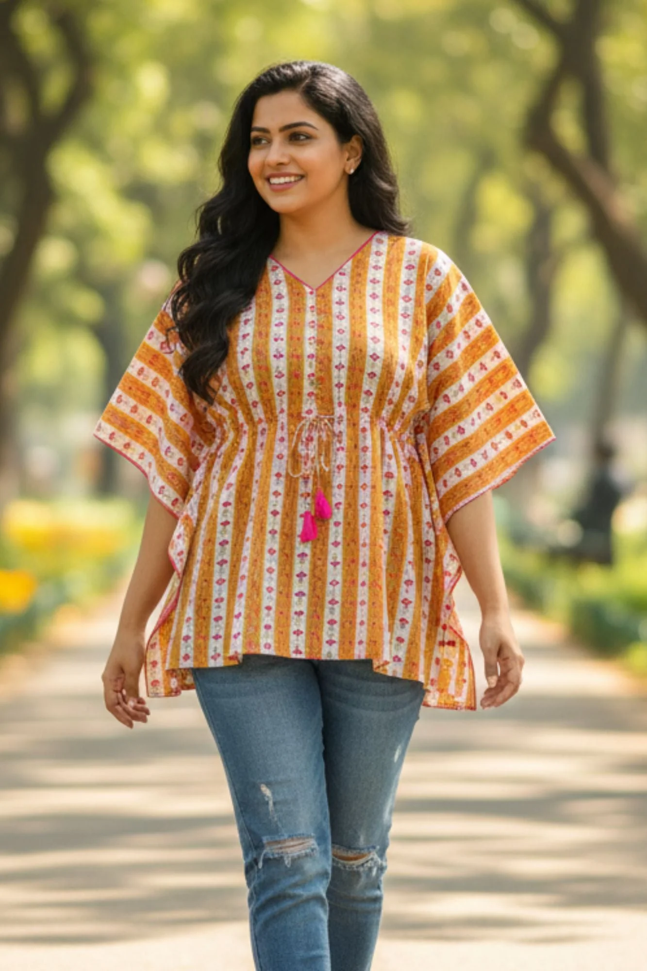 Orange Striped Maternity & Nursing Kaftan Top (100% Cotton) - Chenance