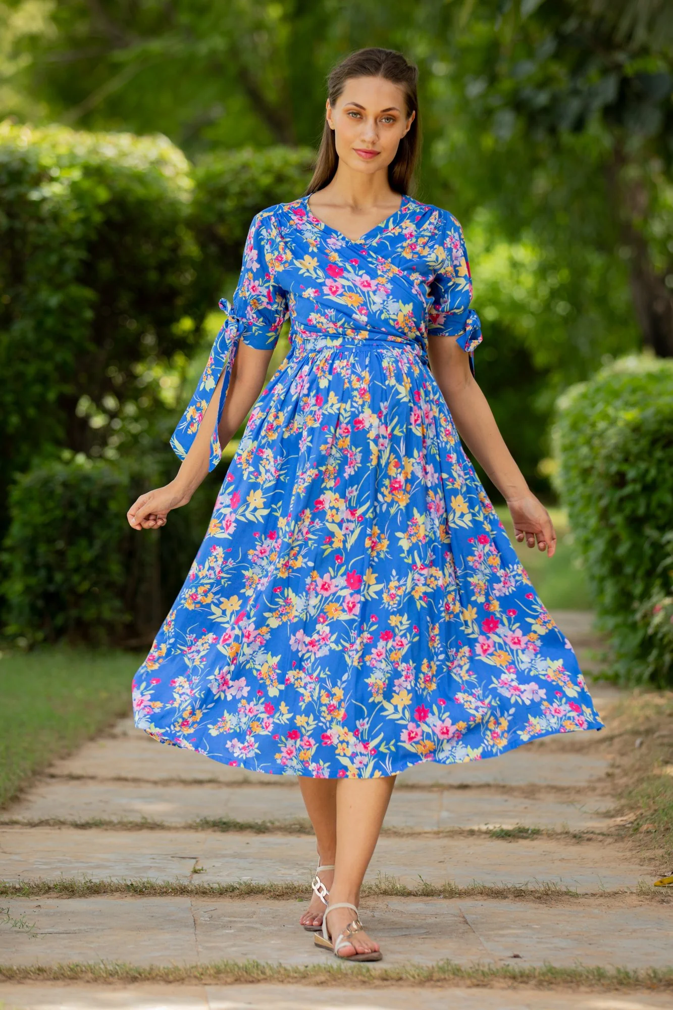 Royal Blue Floral Maternity & Nursing Midi Wrap Dress - Chenance