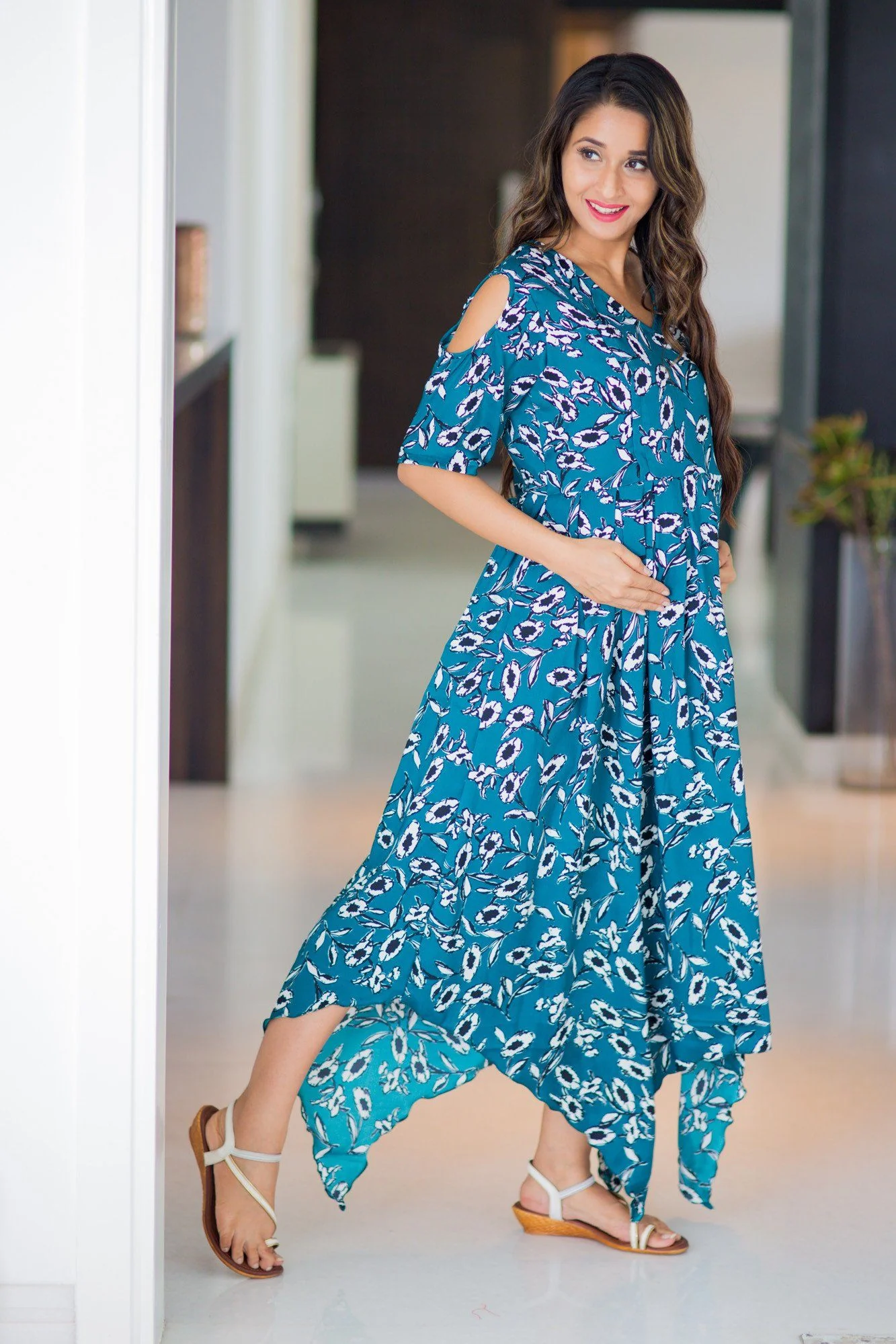 Deep Green Petal Cold Shoulder Maternity & Nursing Dress - Chenance