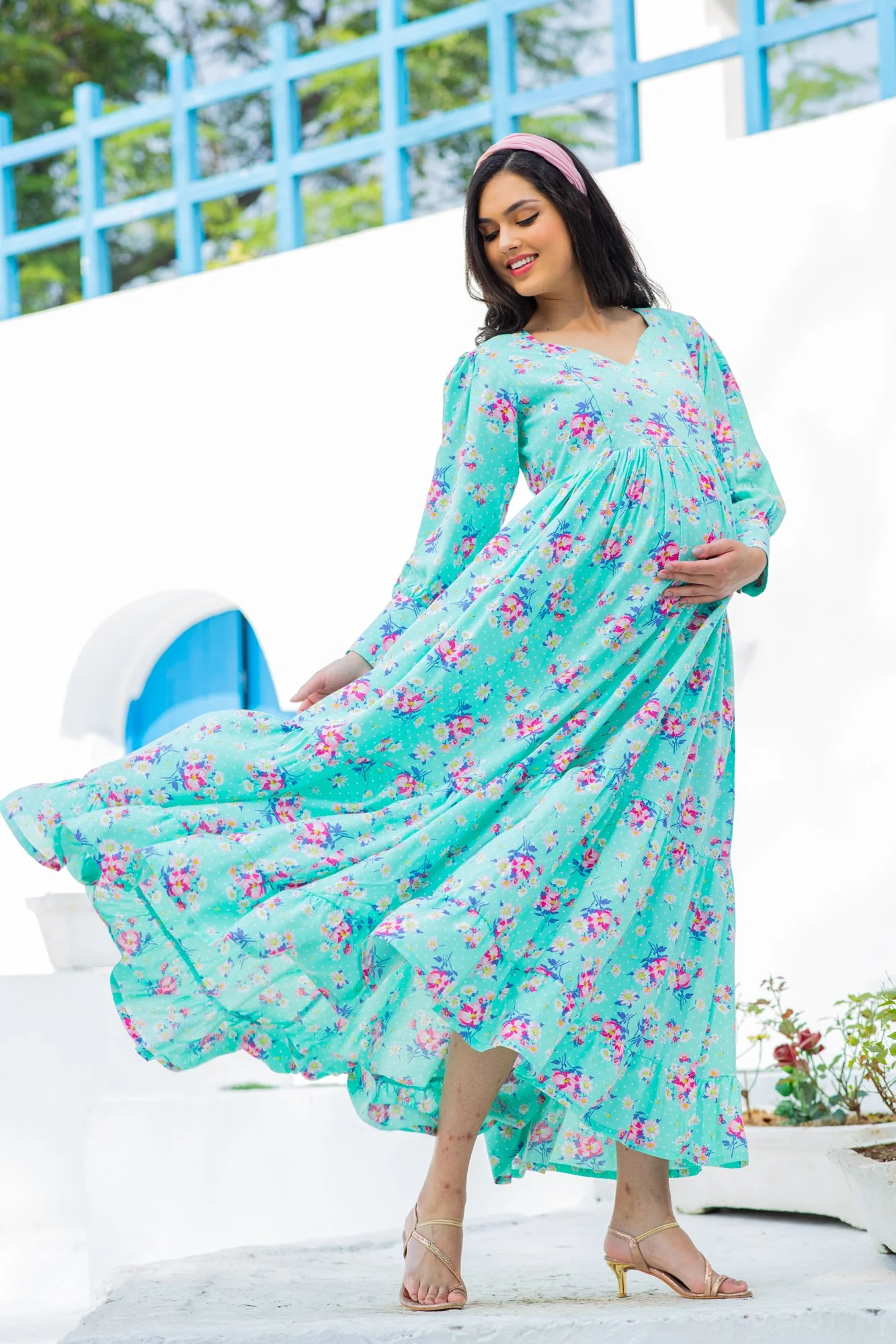 Eden Blossom Mint Green Viscose Maternity and Nursing Dress - Chenance