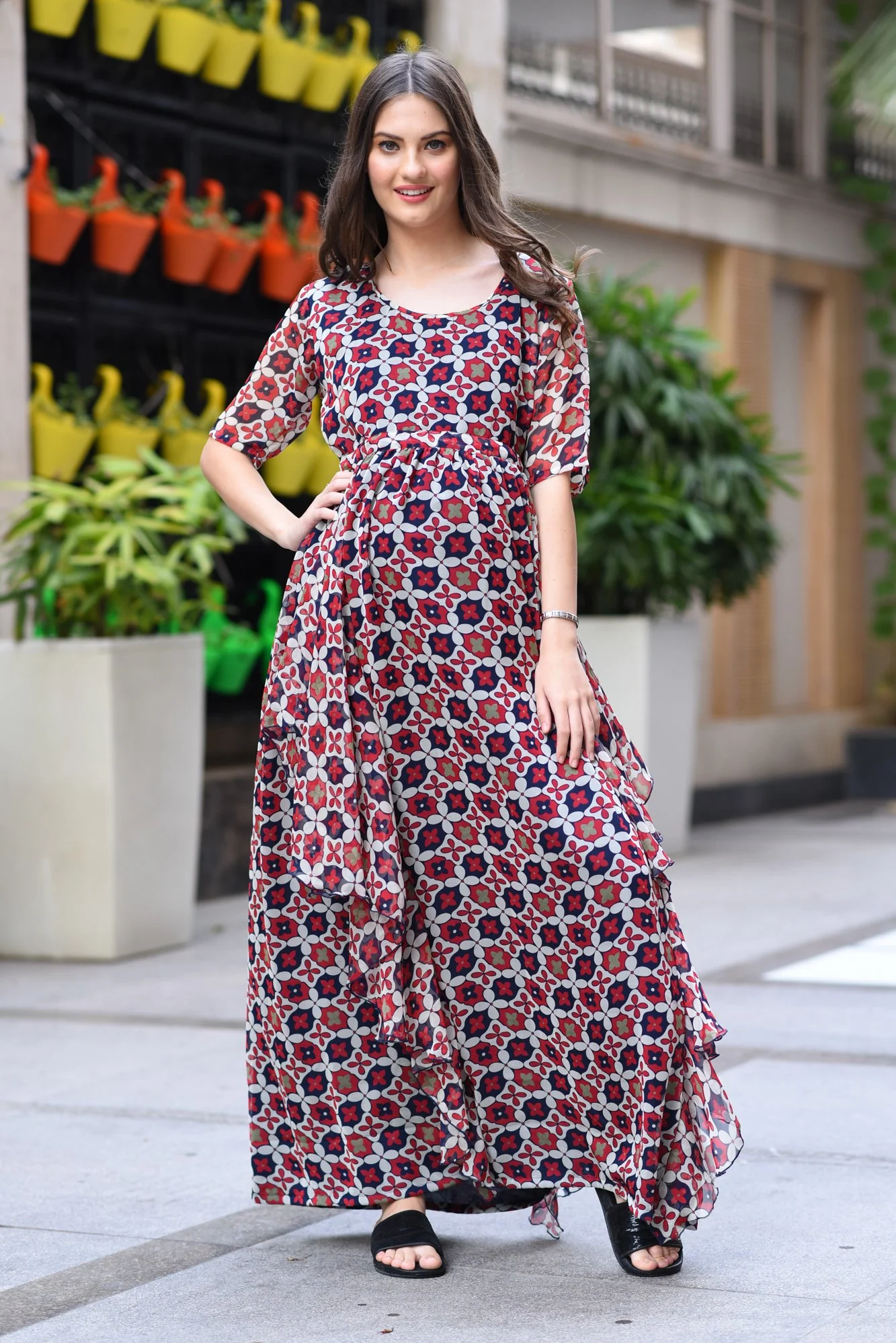 Geo Patterned Maternity Dress With Sleeves - Chenance