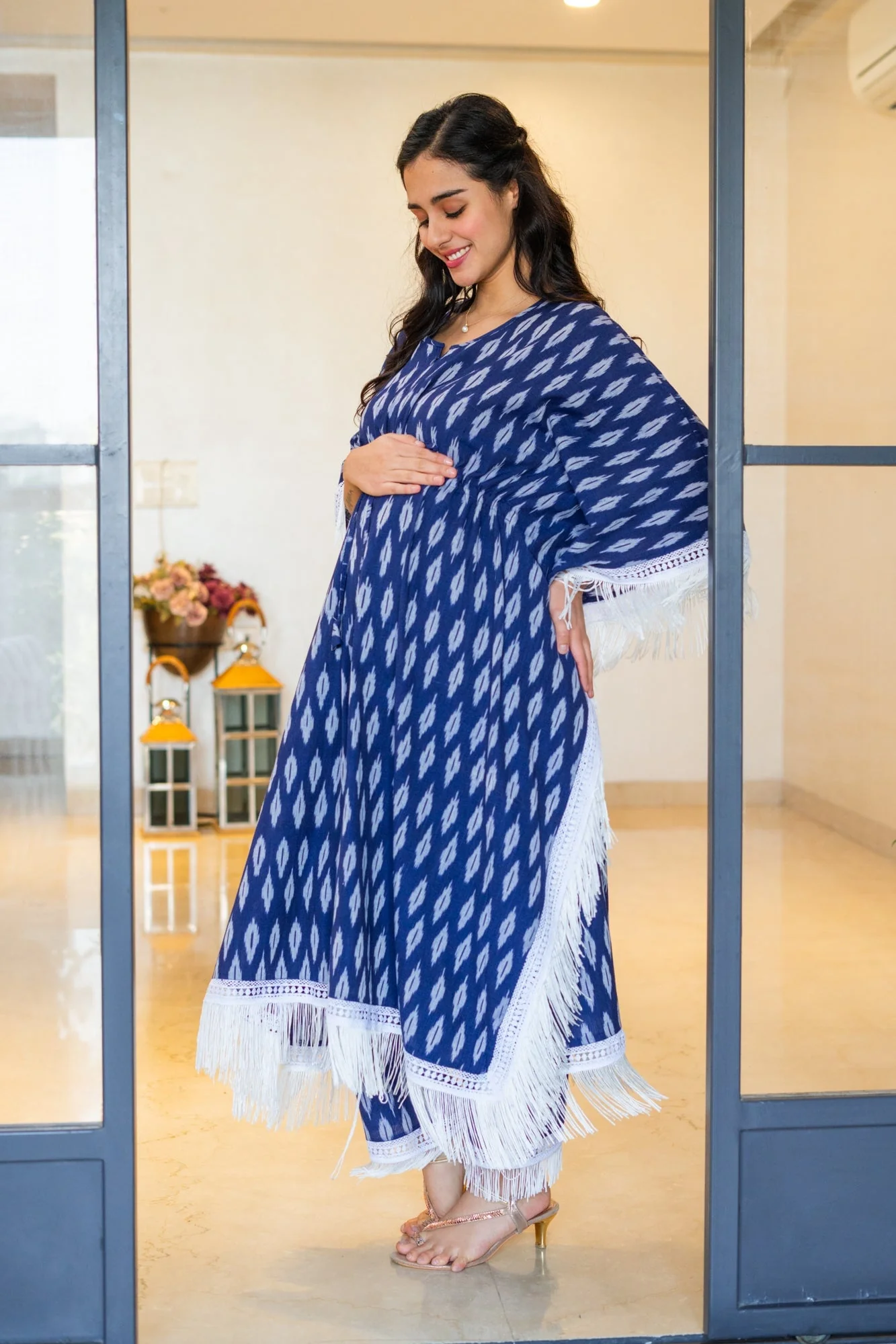 Luxe Indigo Blue Ikat Maternity & Nursing Kaftan Coord Set (100% Cotton) (2 Pc) - Chenance