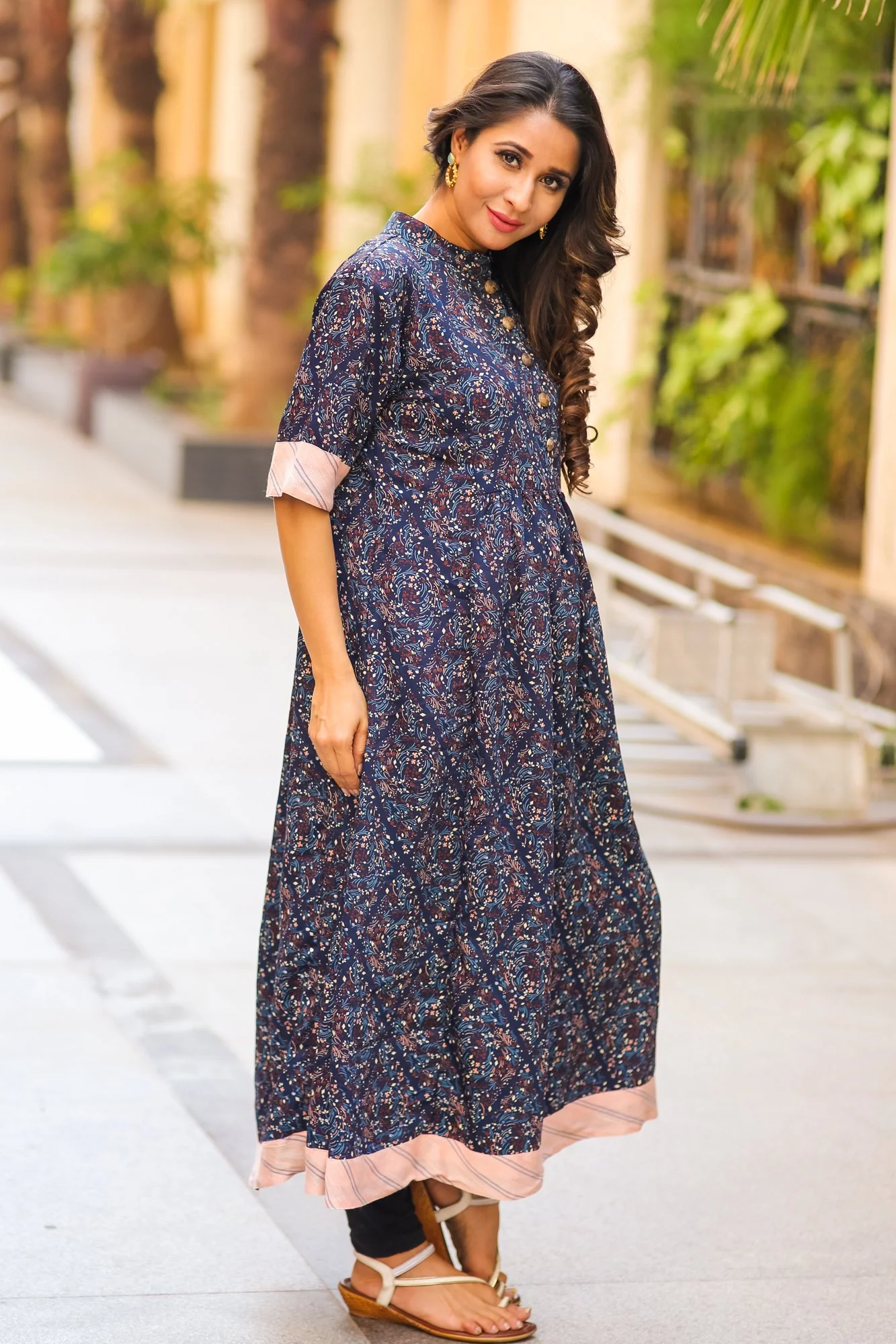 Classic Blue & Peach Long Maternity and Nursing Kurta - Chenance