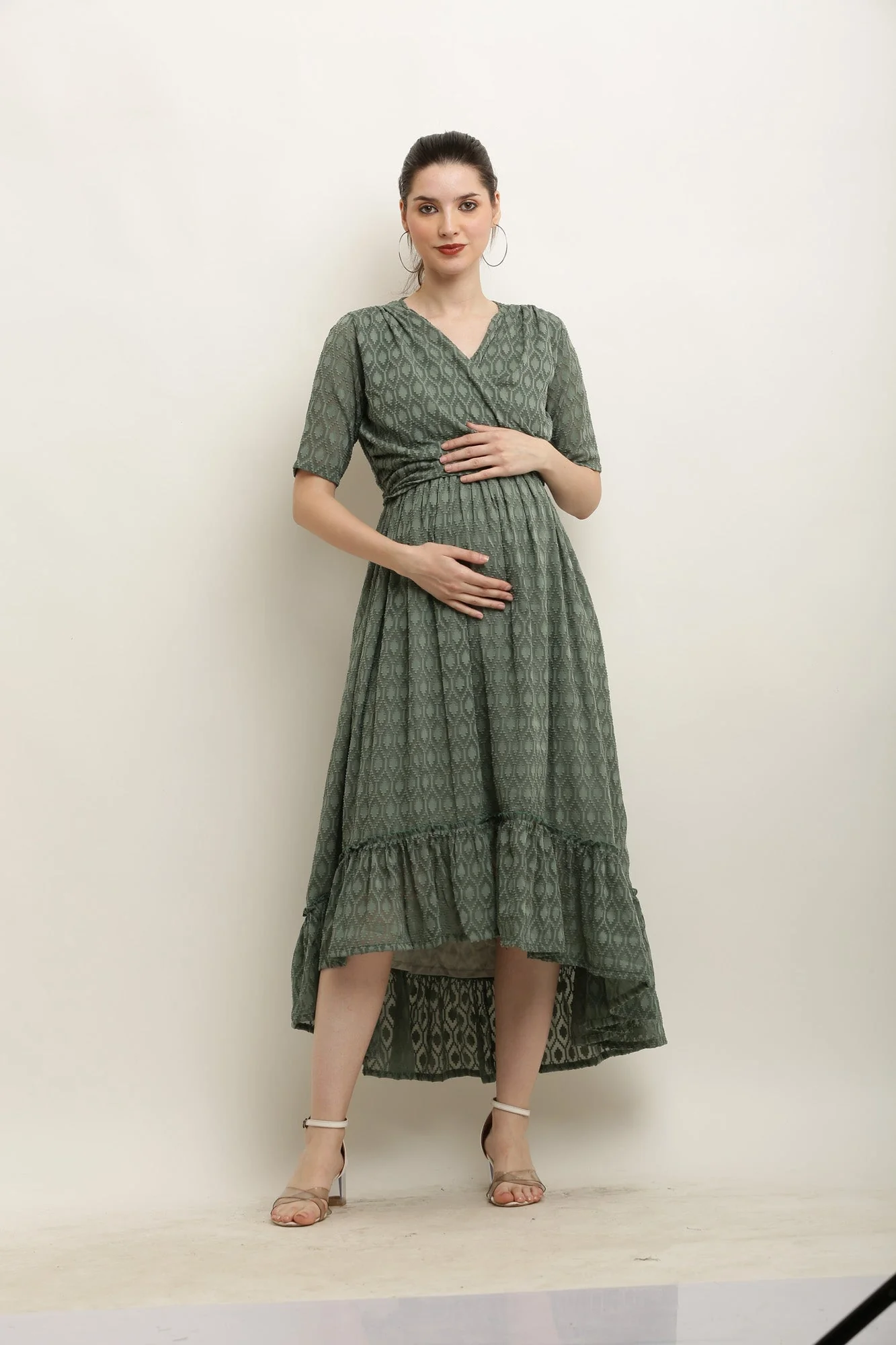 Jazzy Slate Gray Hi-Low Frill Maternity Wrap Dress - Chenance