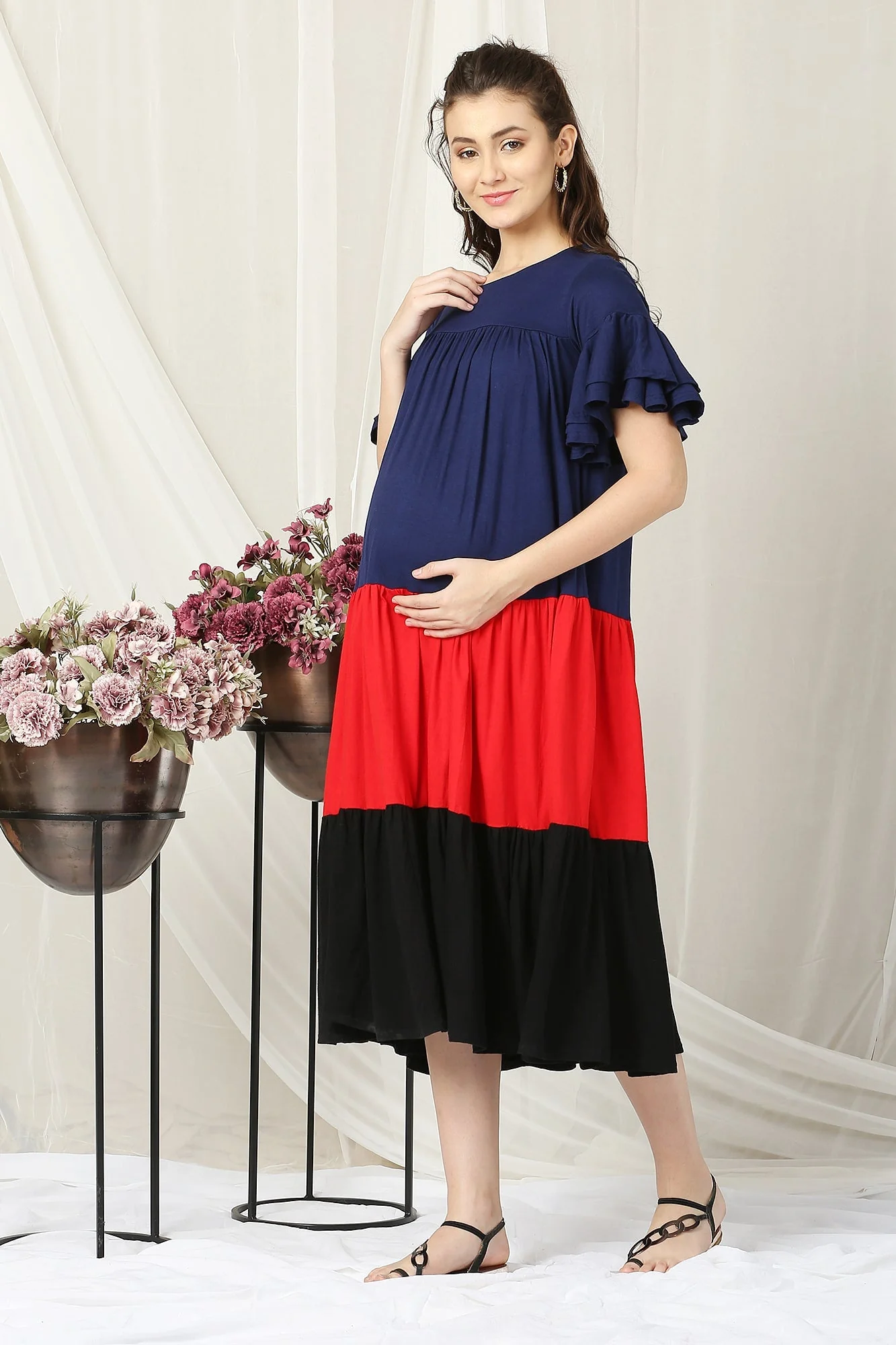 Charming Easy Breezy Blue & Red Layered Maternity Dress - Chenance