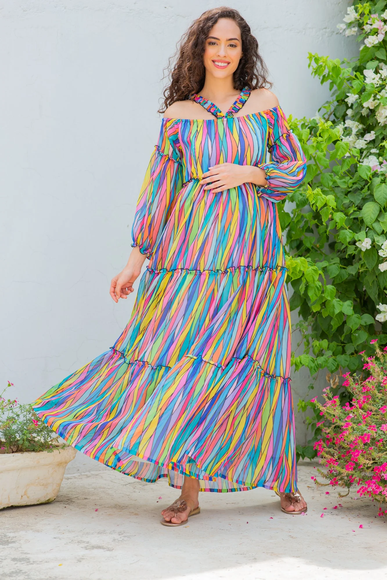 Cascading Colorful Chiffon Halter Maternity & Nursing Frill Dress - Chenance