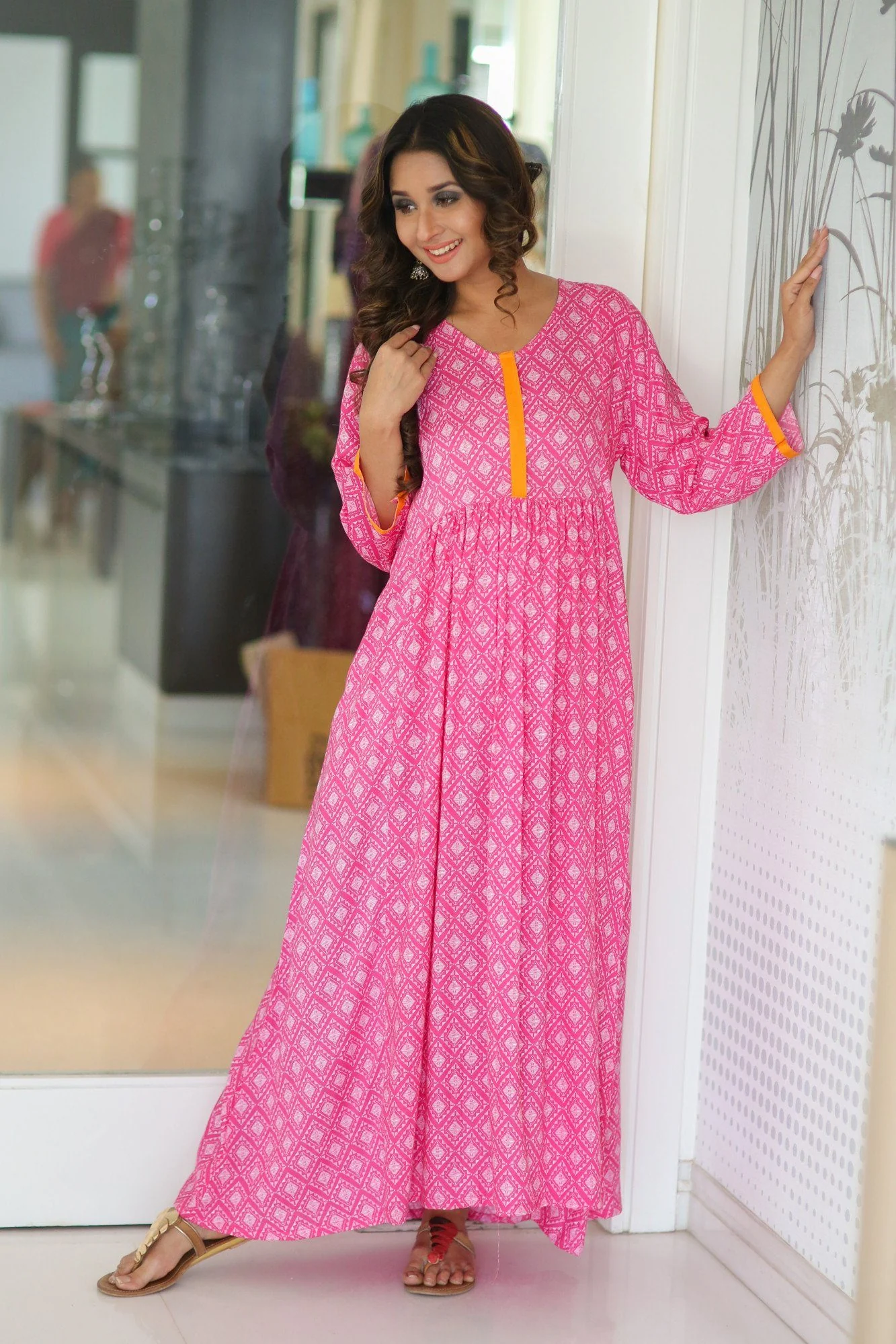 Rose Pink Front Zip Long Anarkali Dress - Chenance