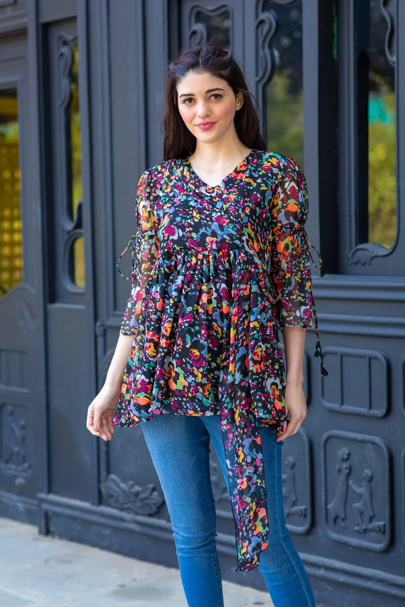 Midnight Bloom Chiffon Gathered Maternity Top - Chenance
