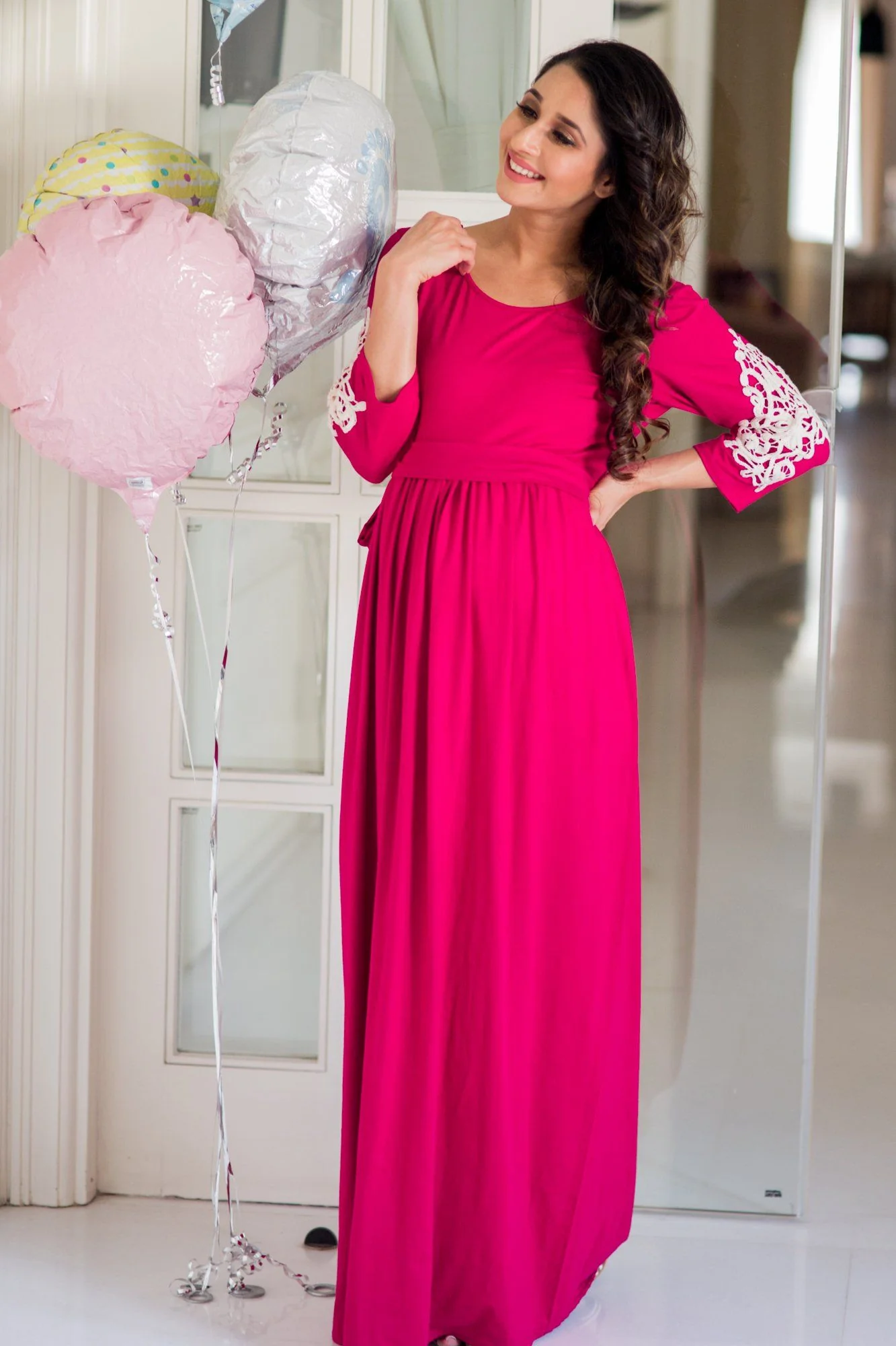 Deep Pink Lycra Crochet Maternity Dress - Chenance