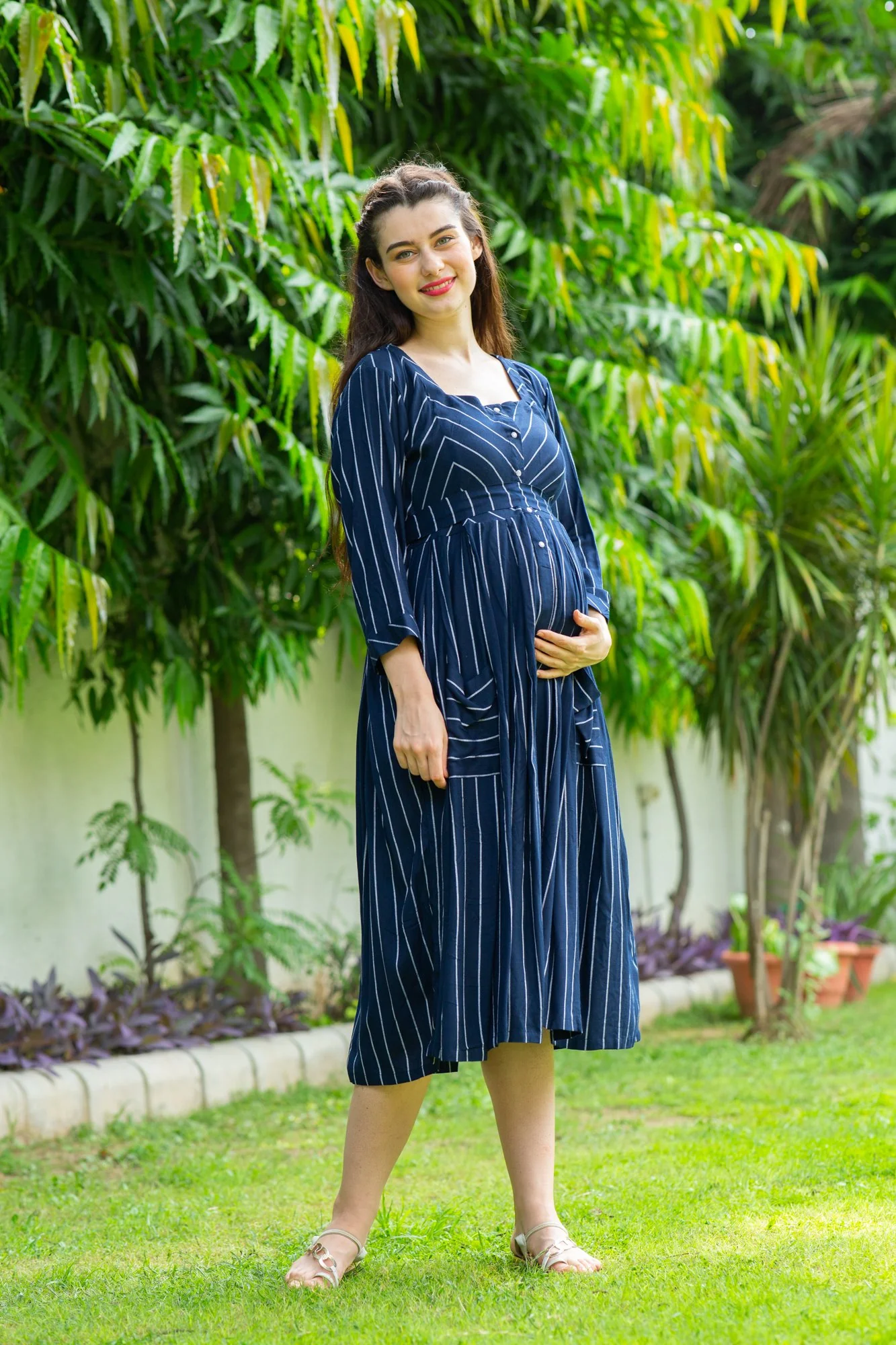 Ocean Striped Pocket Maternity & Nursing Dress - Chenance