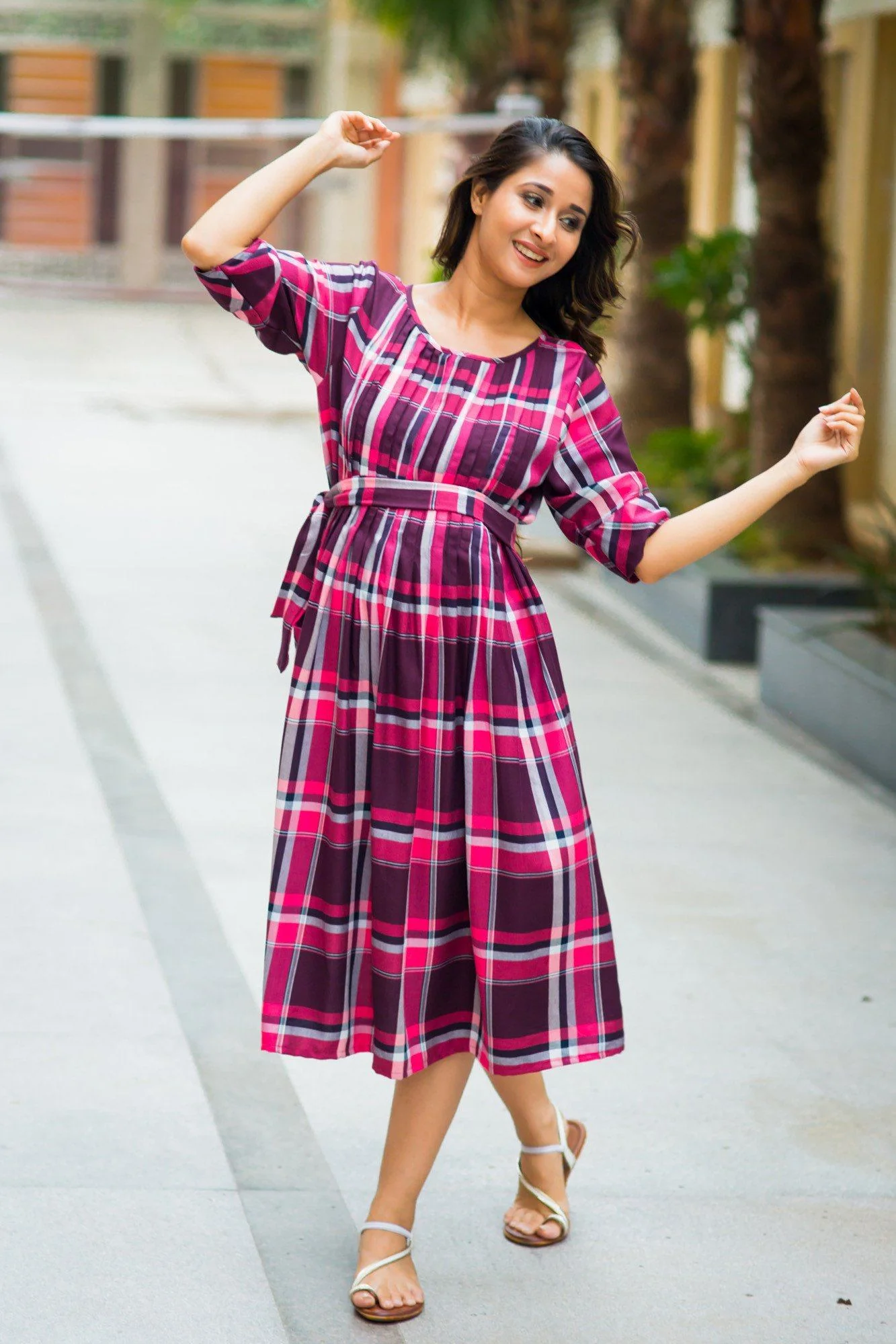 Raspberry Plaid Pintucks Maternity & Nursing Dress - Chenance