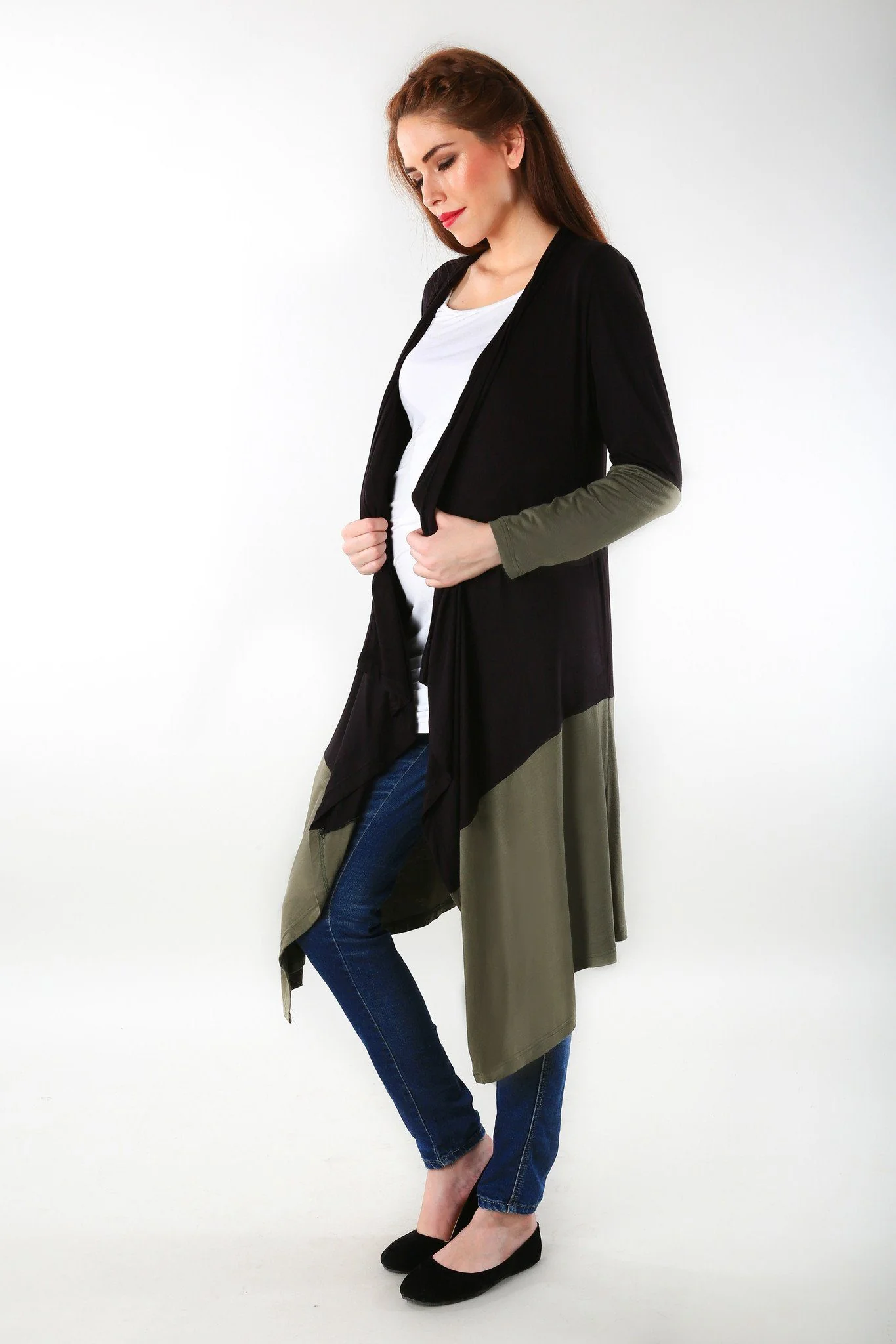Olive Contrast Stretch Maternity Cardigan - Chenance