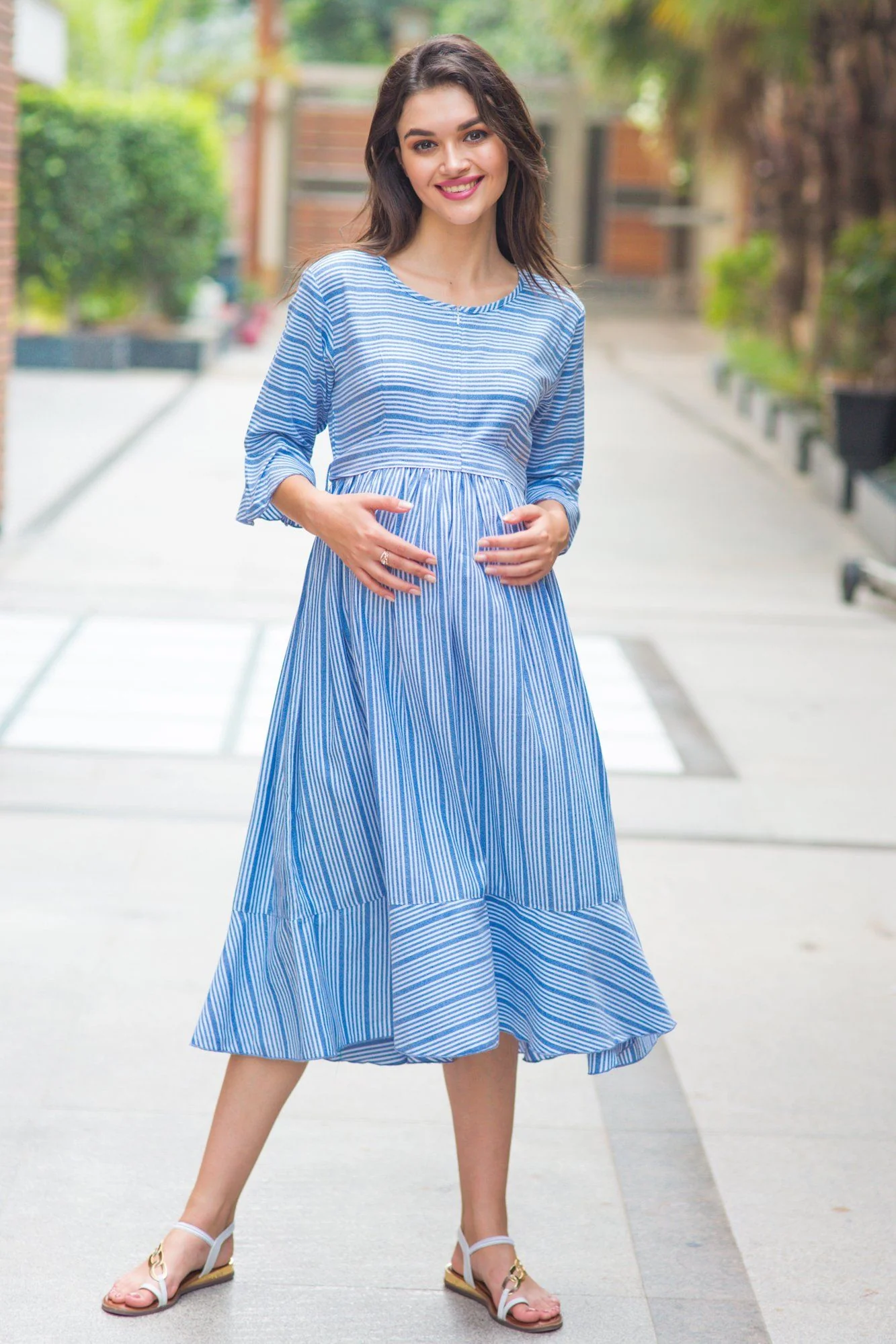 Blue Striped Ruffle Maternity & Nursing Dress - Chenance