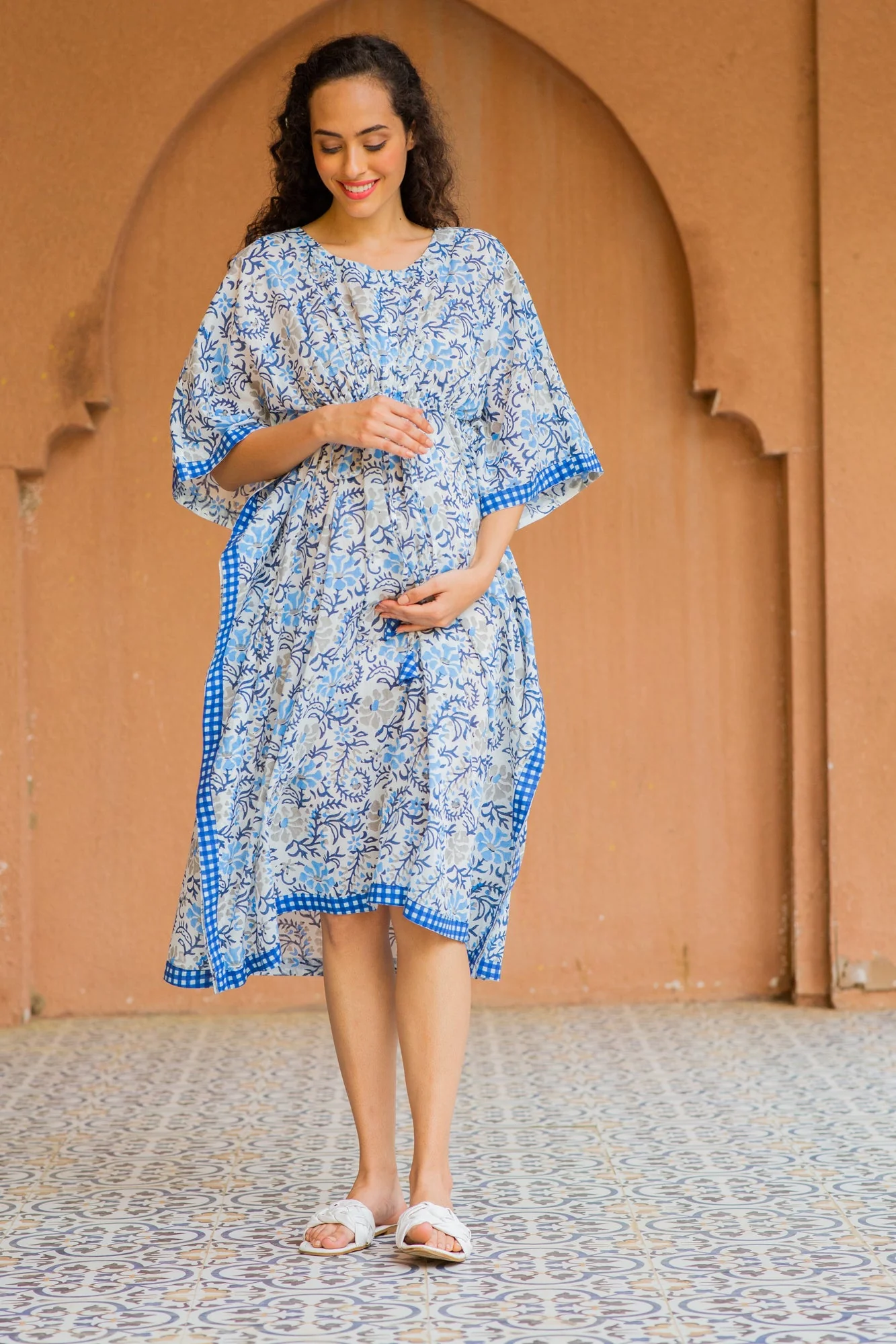 Angelic White Cotton Floral Maternity & Nursing Kaftan (100% Cotton) - Chenance