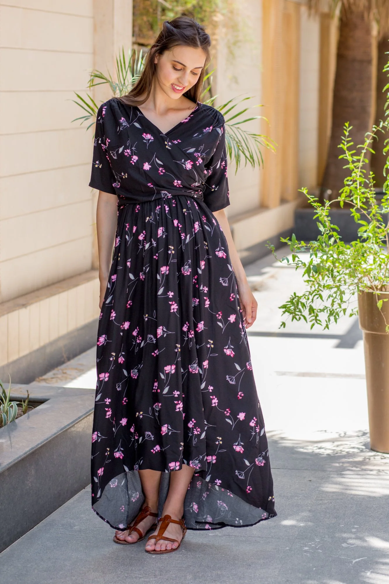 Midnight Floral High-Low Maternity & Nursing Wrap Dress - Chenance