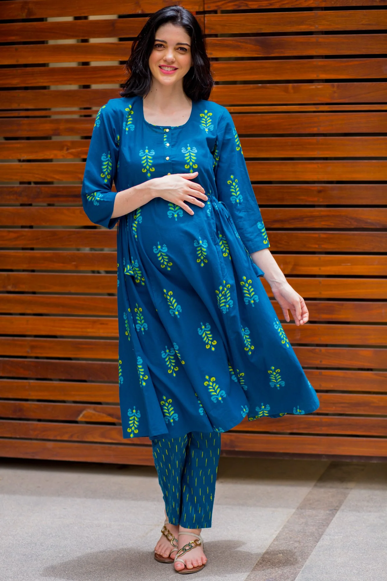 Sapphire Blue Green Maternity & Nursing Side Tie Kurta Dress - Chenance