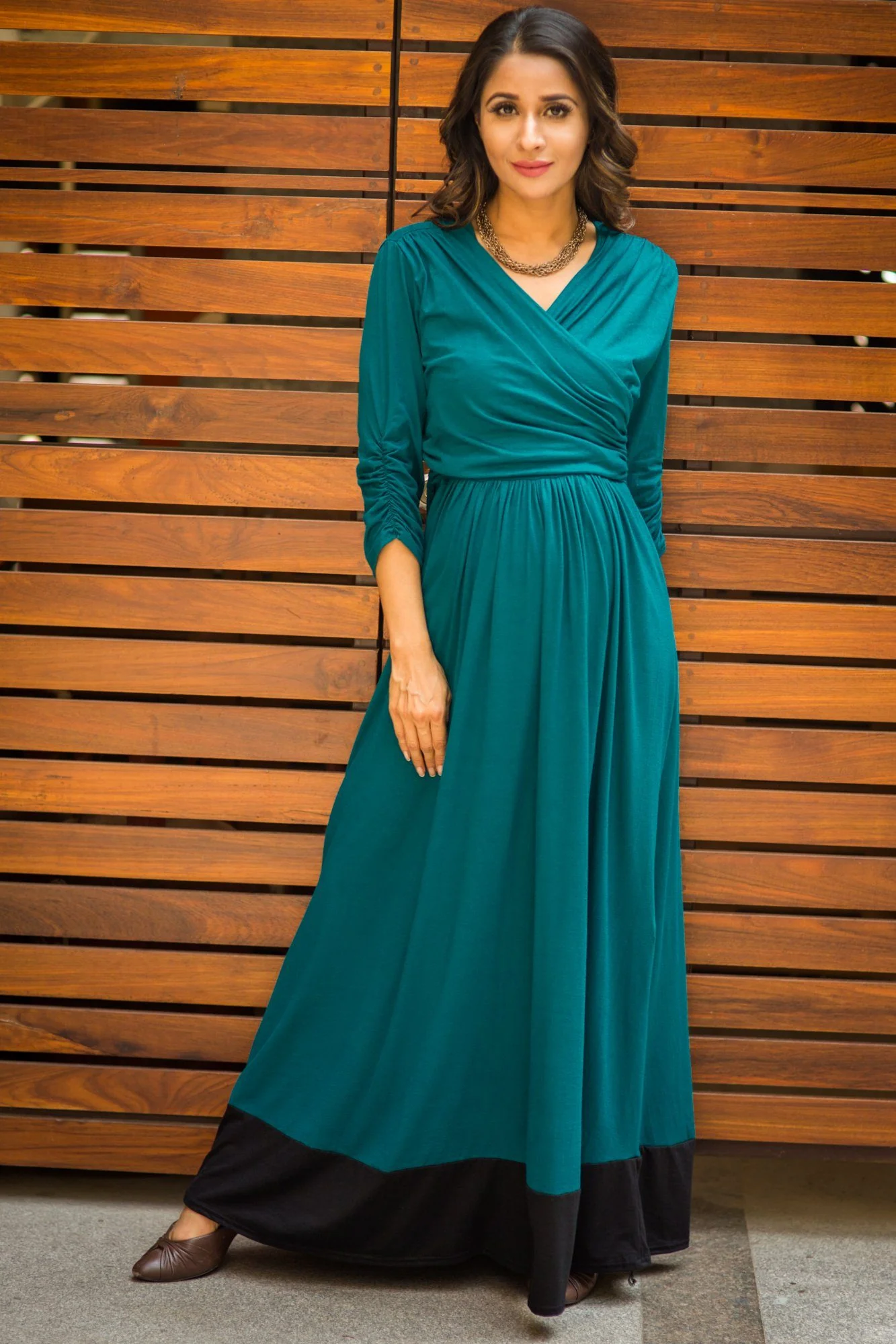 Elegant Teal Front Wrap Maternity & Nursing Dress - Chenance