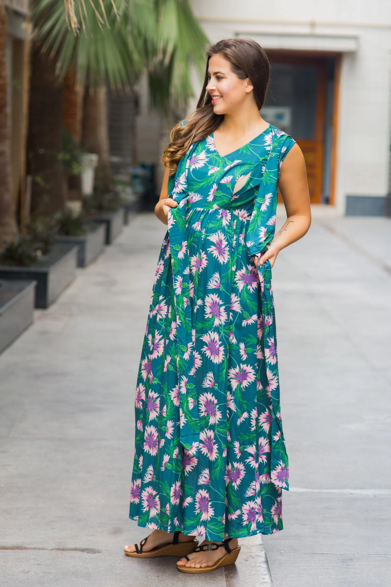 Tropical Floral Maternity & Nursing Sleeveless Wrap Dress - Chenance