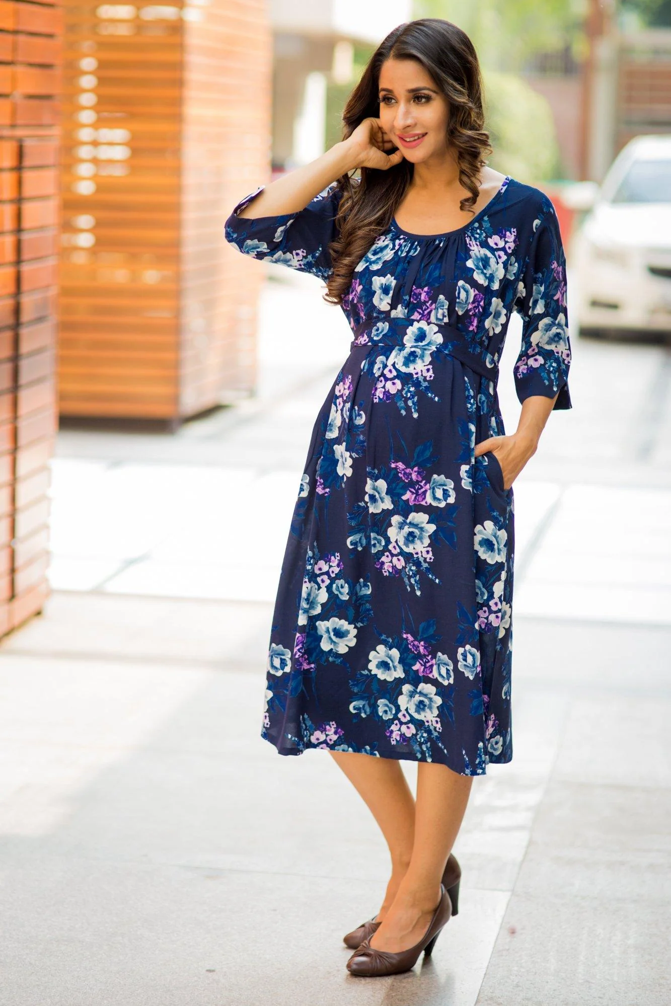 Ocean Blue Floral Print Pocket Versatile Maternity Dress - Chenance