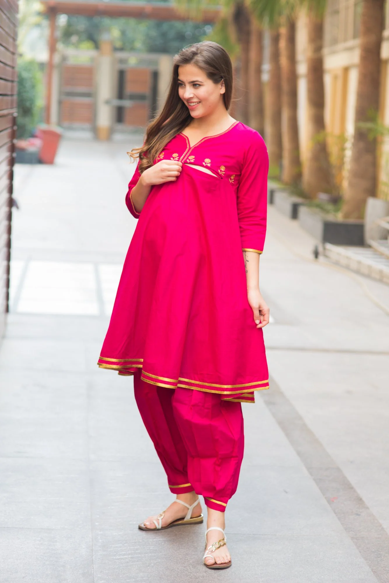 Premium Fuchsia Maternity & Nursing Kurta With Pleated Salwar (2 pc) - Chenance