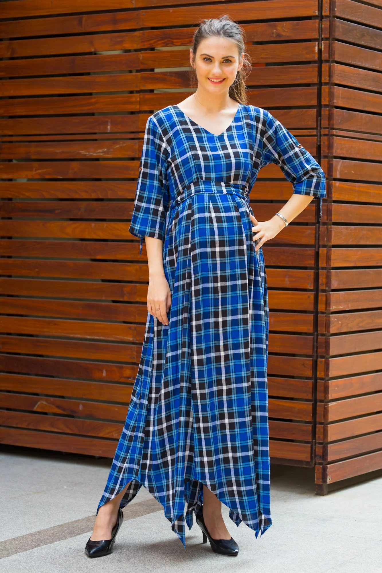 Indigo Plaid Maternity & Nursing Maxi - Chenance