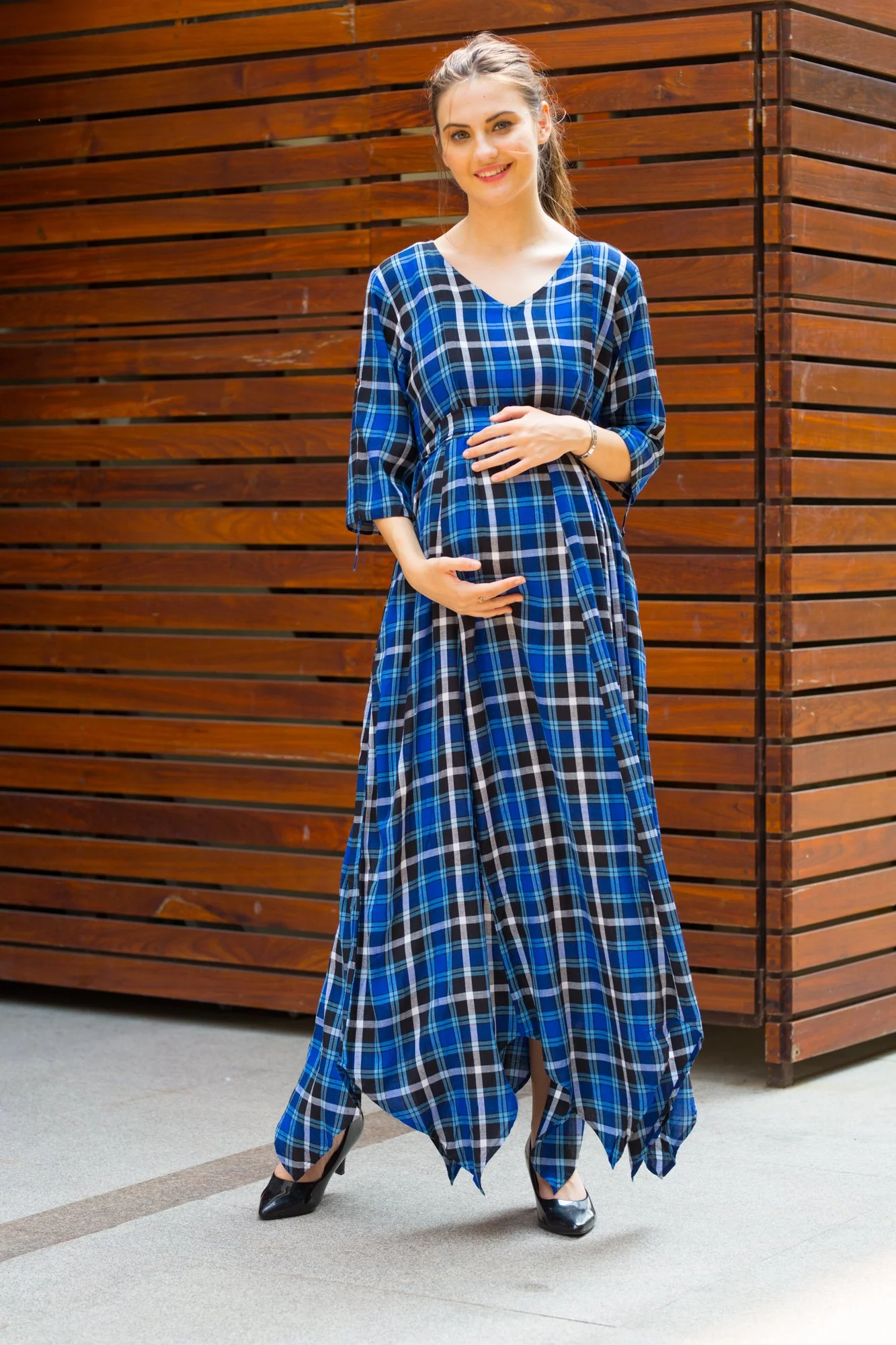 Indigo Plaid Maternity & Nursing Maxi - Chenance