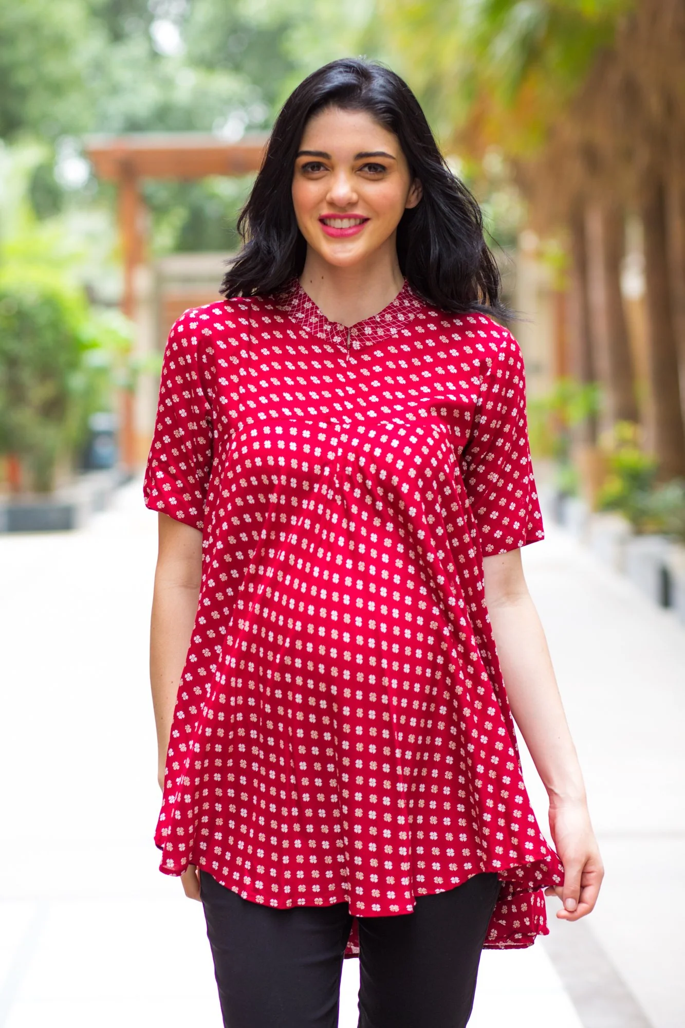 Maroon Geo Flowing Maternity & Nursing Top - Chenance