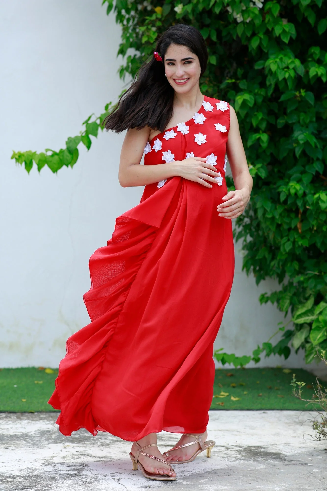 Scarlet Red One Shoulder Maternity Flow Dress - Chenance