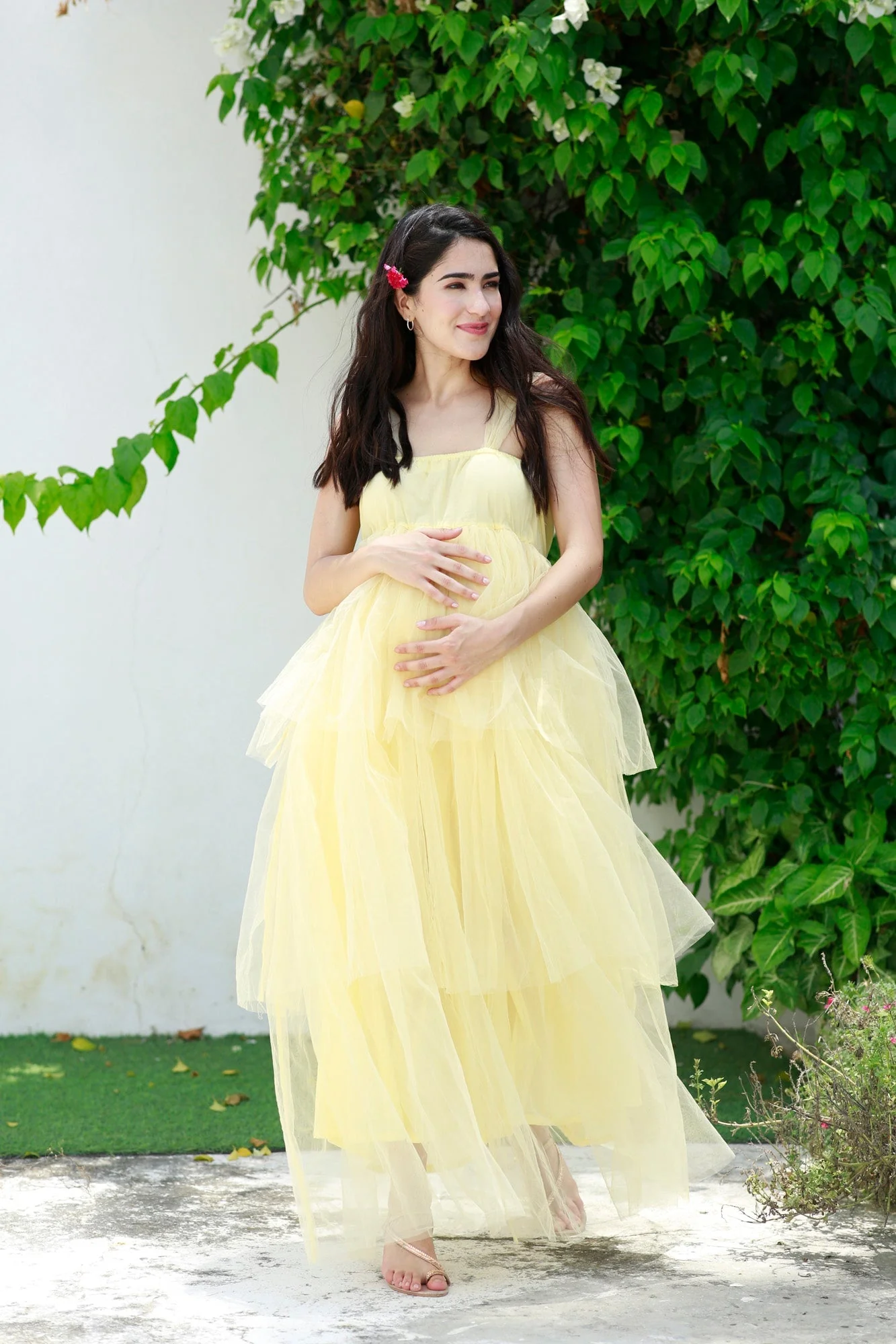 Dazzling Pastel Yellow Maternity Off-Shoulder Layered Dress - Chenance
