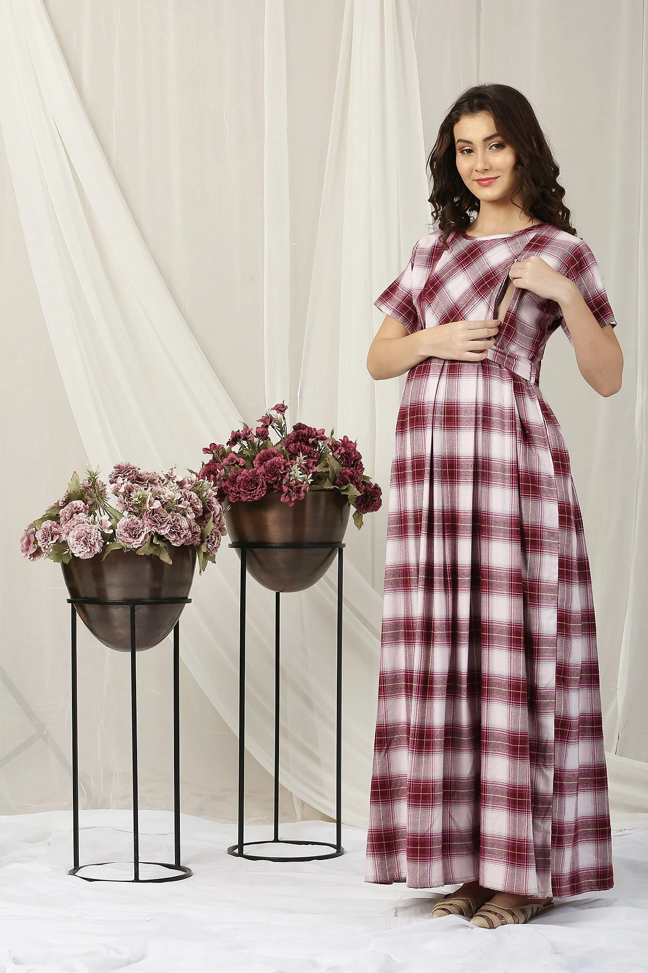 Classic Tartan Checks Berry Red Maternity & Nursing Dress - Chenance