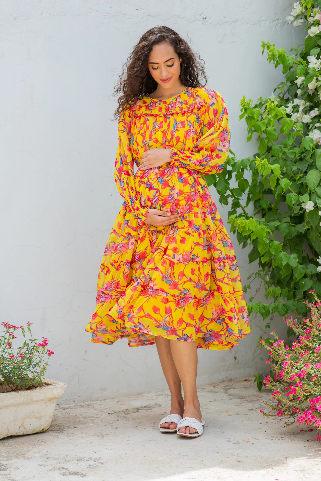 Premium Retro Tuscany Formal Maternity & Nursing Pintucks Frill Dress - Chenance