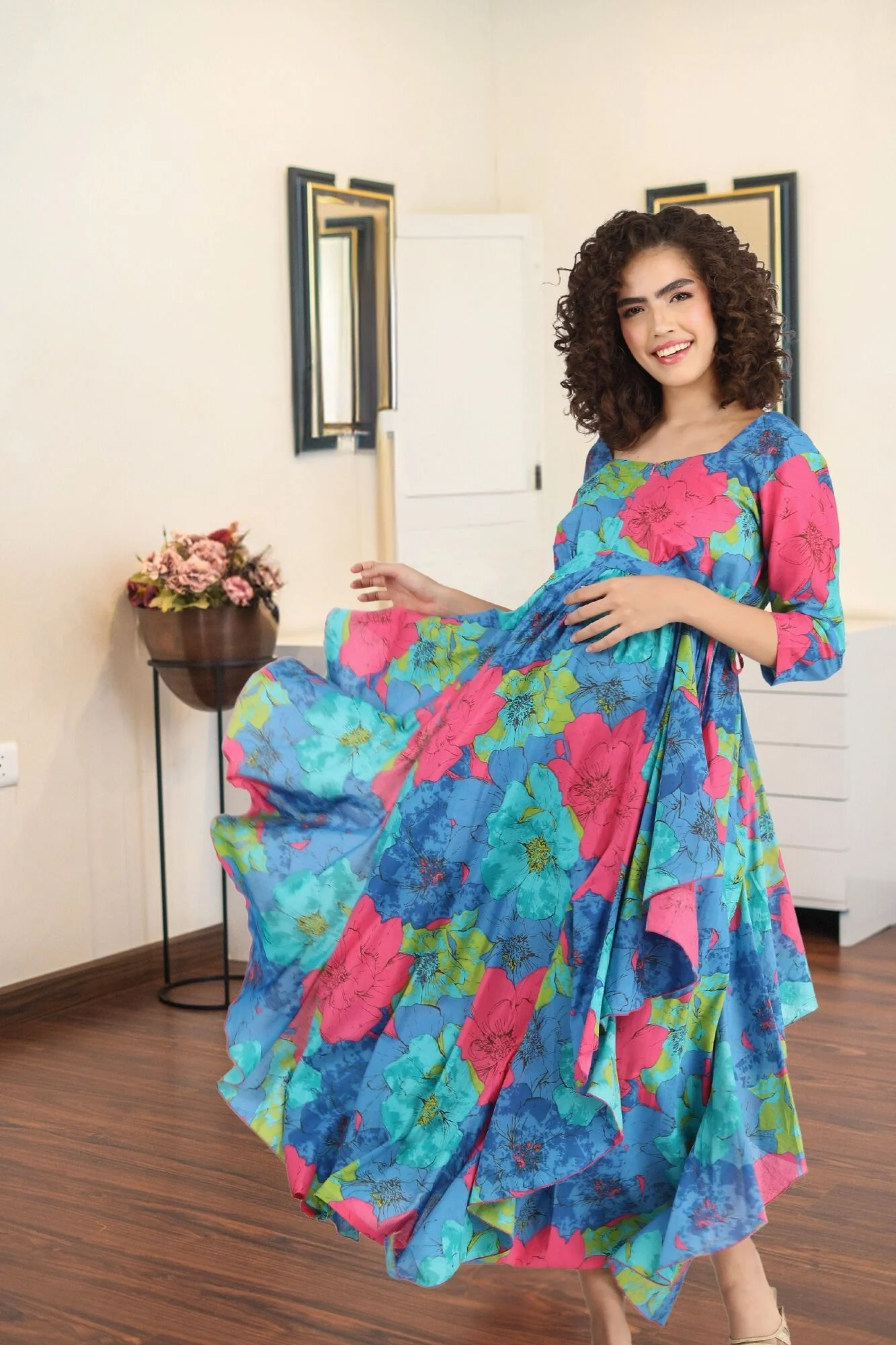 Dazzling Blue Maternity & Nursing Flow Dress (100% Cotton) - Chenance