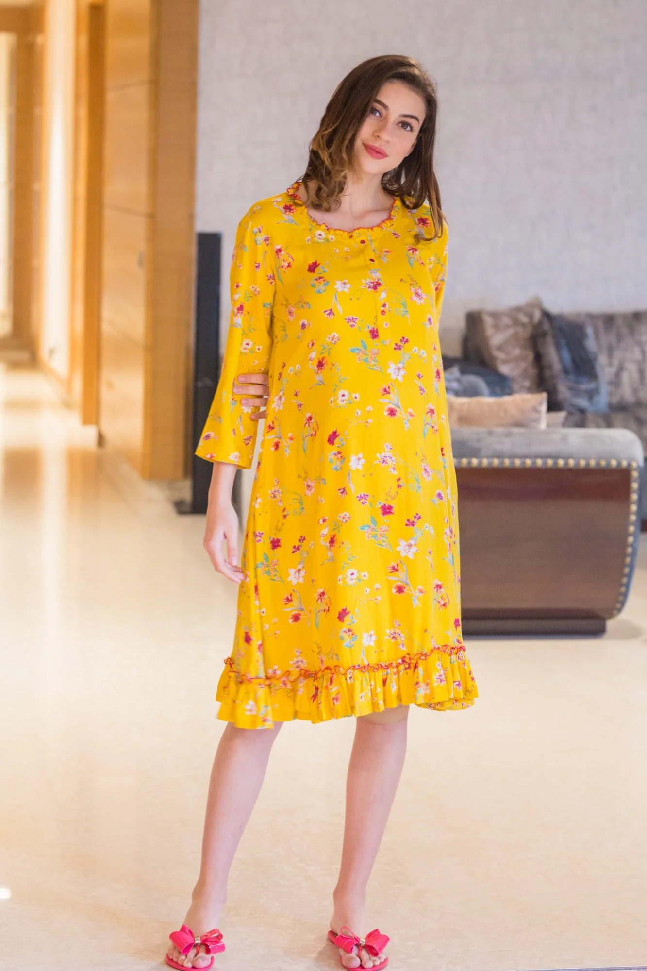 Merry Yellow Maternity & Nursing Night Dress - Chenance