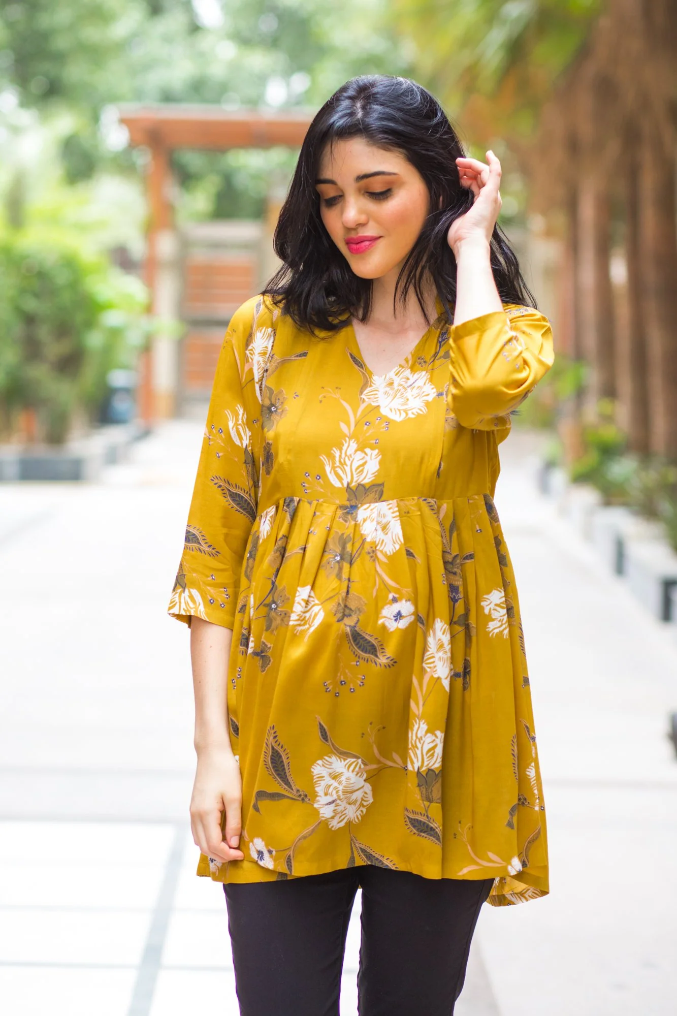 Mustard Yellow Leafy Maternity & Nursing Top - Chenance