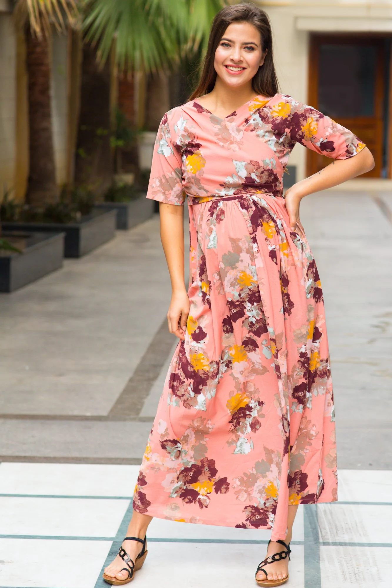 Carolina Peach Floral Maternity & Nursing Wrap Dress - Chenance