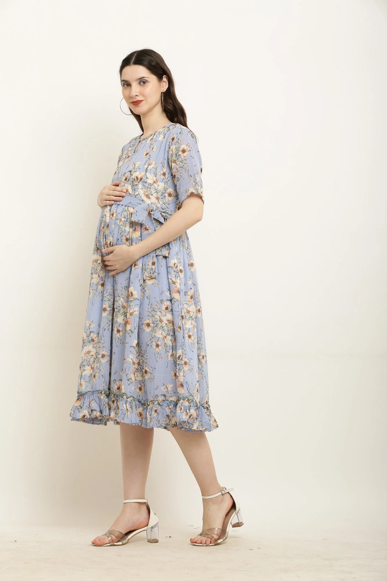 Ice Blue Daisy Frill Concealed Zips Nursing Dress - Chenance