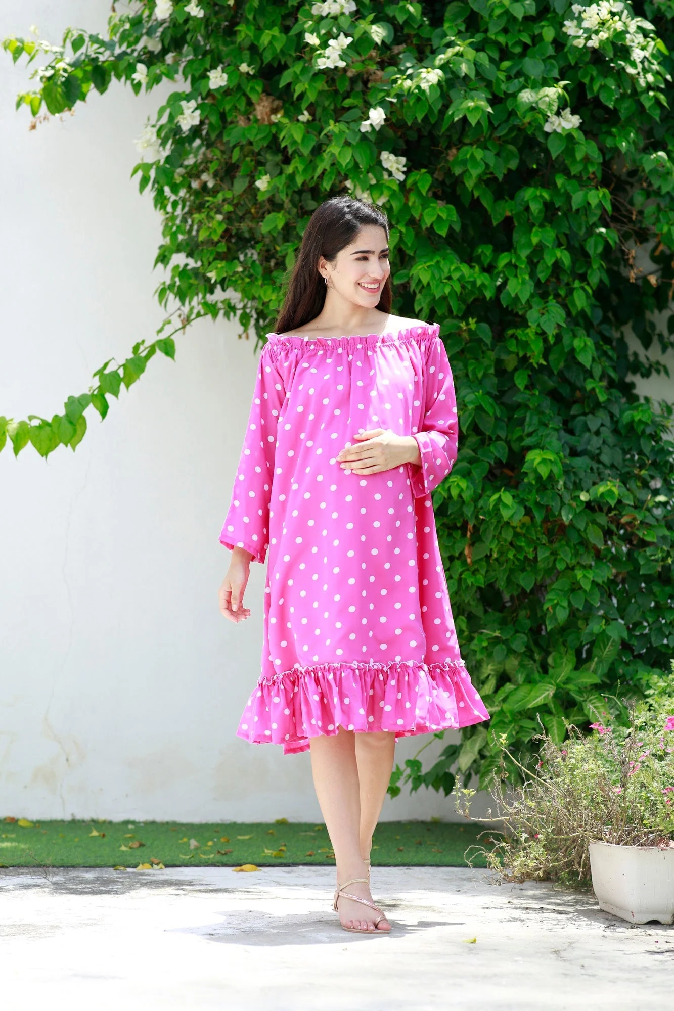 Barbie Pink Off-Shoulder Maternity Polka Frill Dress - Chenance