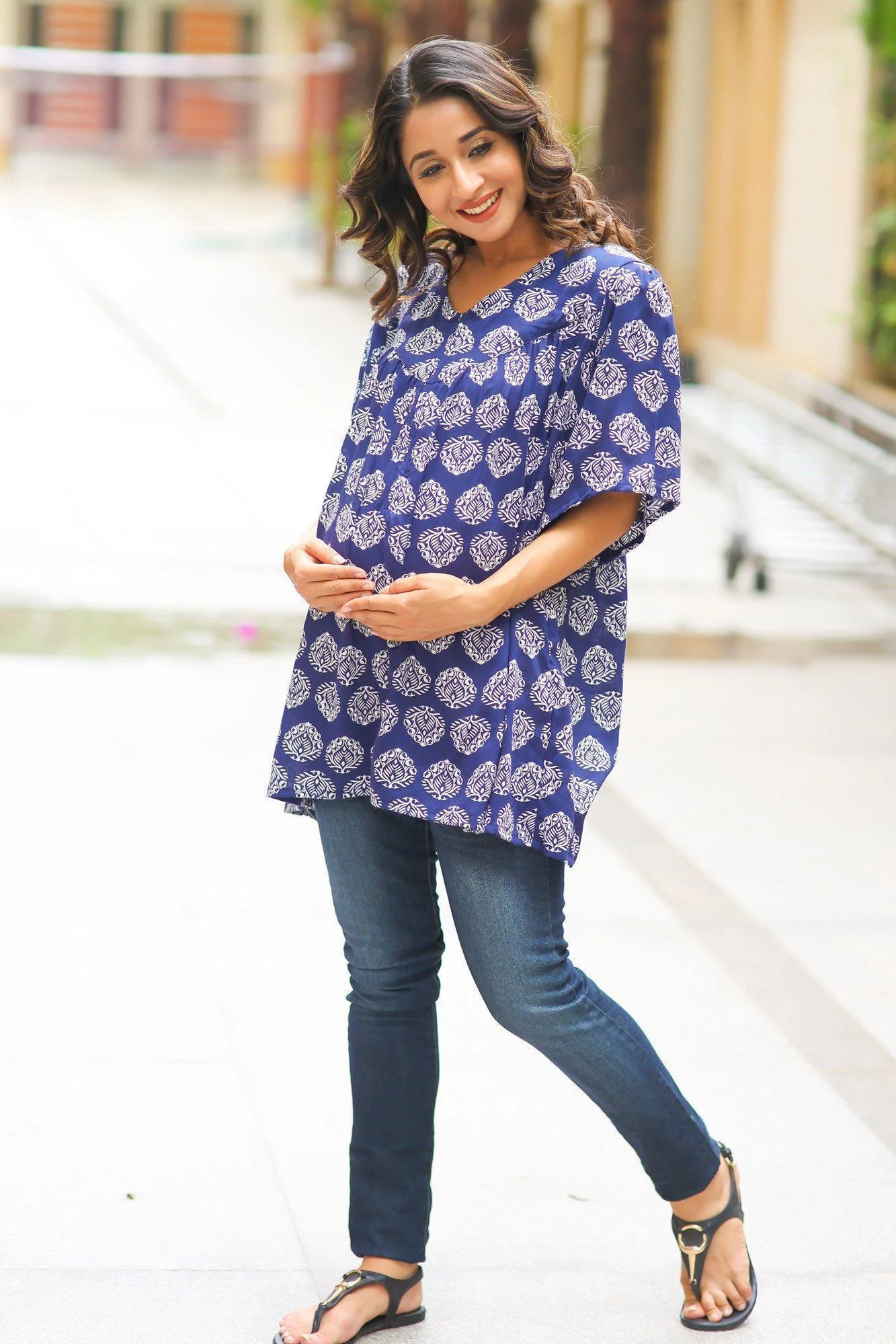 V-Neck Boho Block Print Maternity & Nursing Top - Chenance