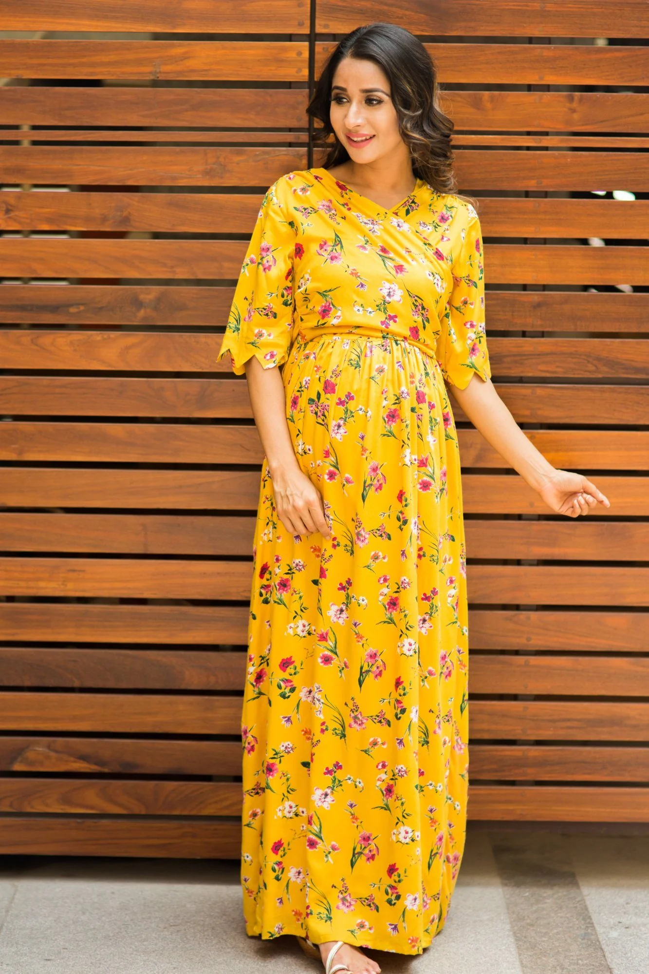 Sunny Yellow Blossom Maternity& Nursing Wrap Dress - Chenance
