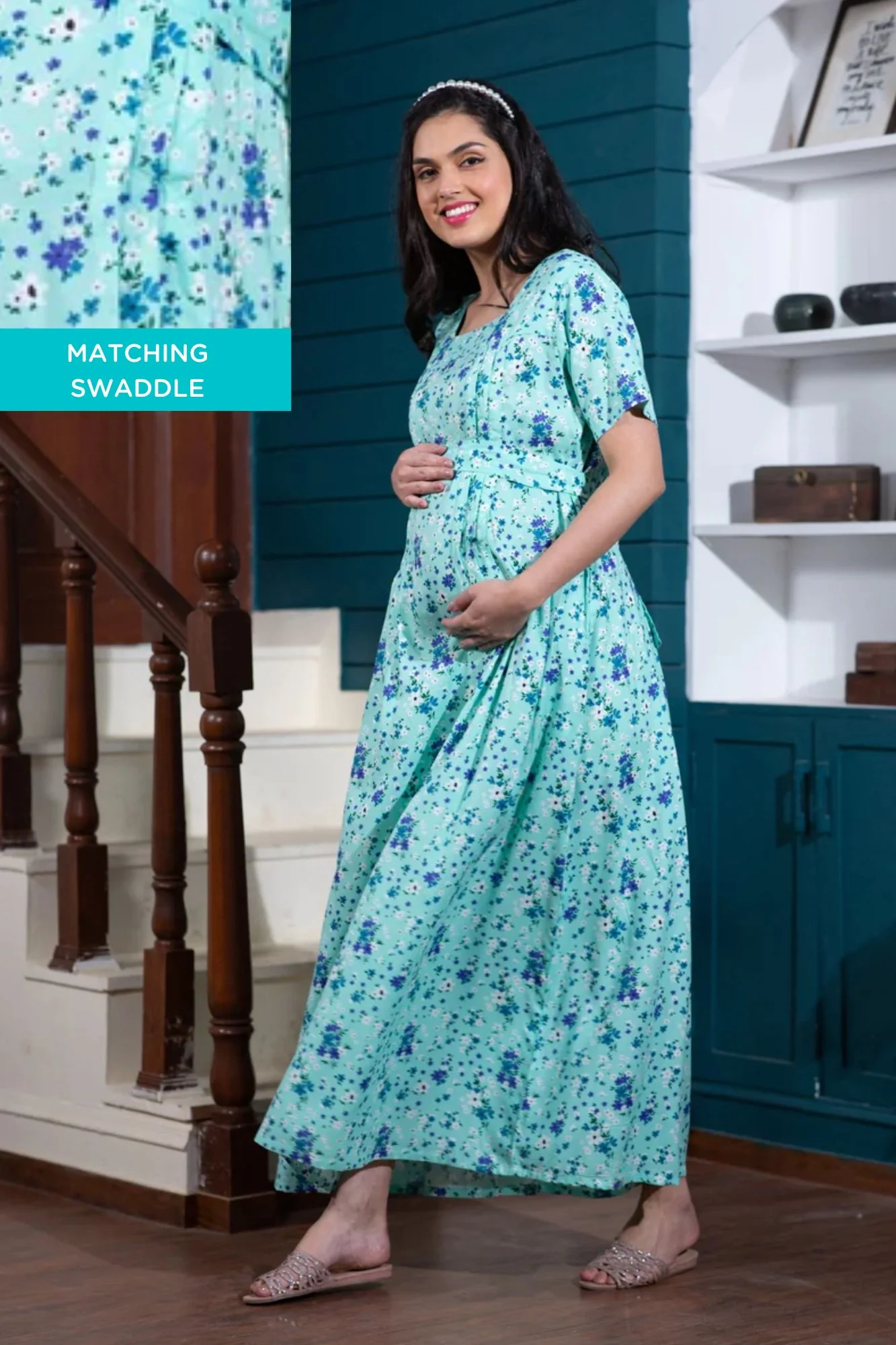 Blossom Mint Maternity & Nursing Night Dress - Chenance