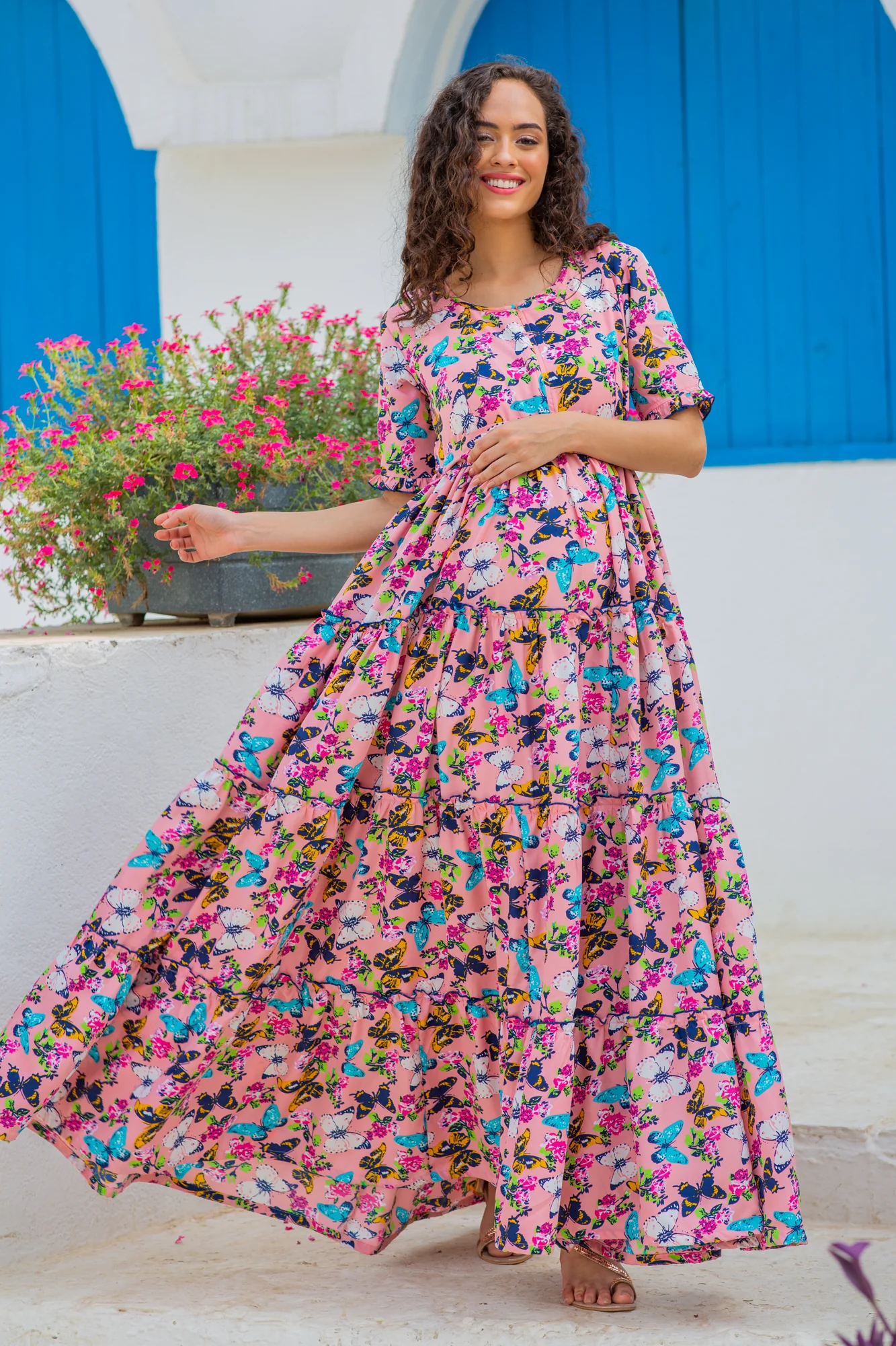 Jolly Butterflying Pink Multilayer Frill Single Concealed Zip Maternity & Nursing Dress - Chenance